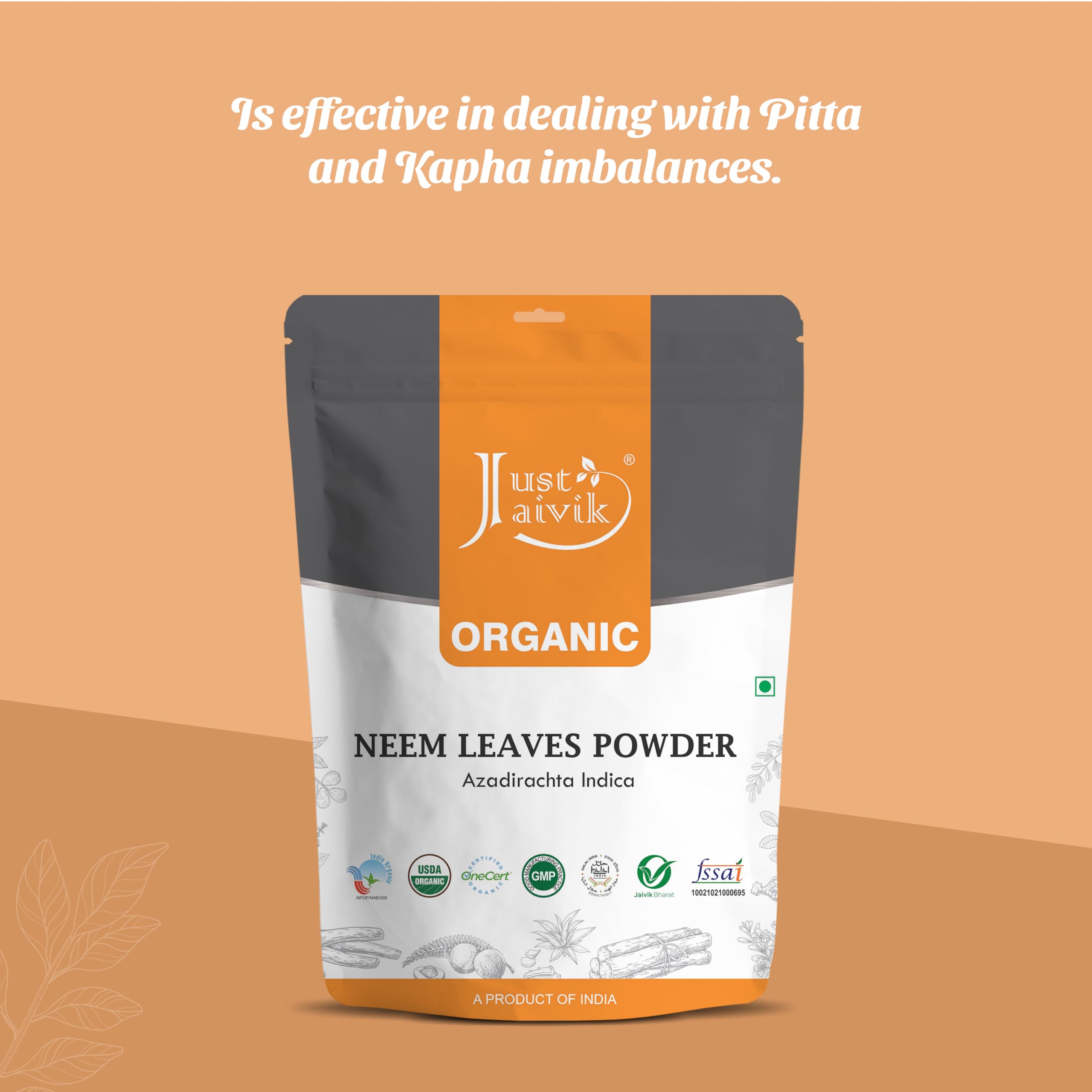 Just Jaivik Organic Neem Leaves Powder scoop with powder