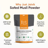 Just Jaivik Organic Safed Musli Powder 227g on a wooden table