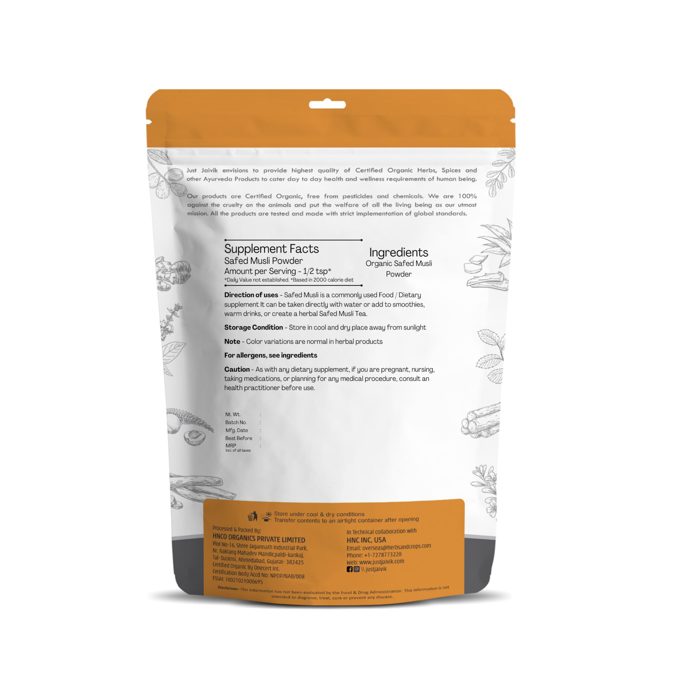 Just Jaivik Organic Safed Musli Powder 227g packaging