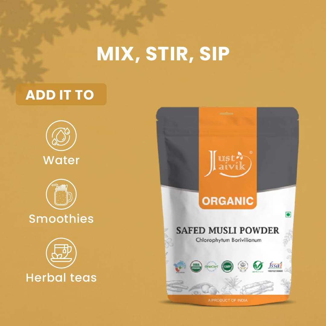 Just Jaivik Organic Safed Musli Powder 227g with a scoop