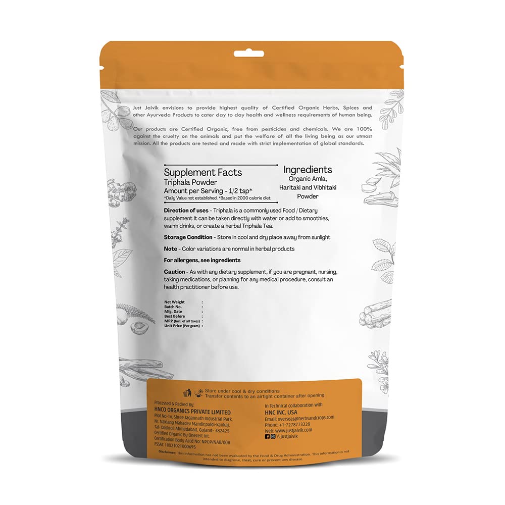 Just Jaivik Organic Triphala Powder 227g packaging
