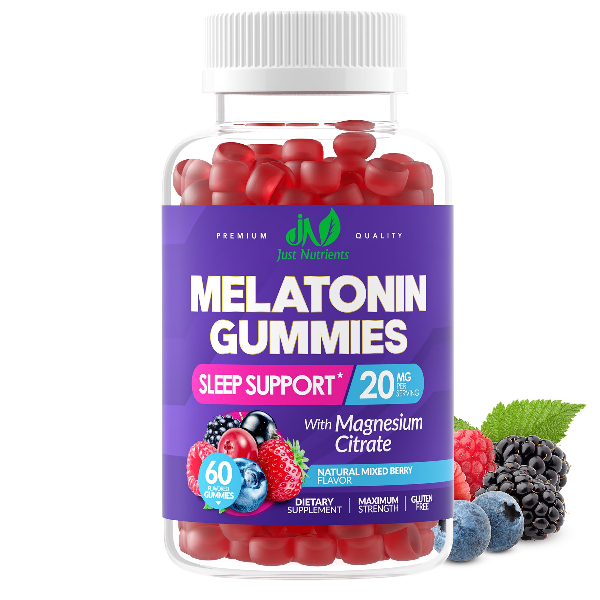 Just Nutrients Melatonin 20mg Gummies front view with packaging