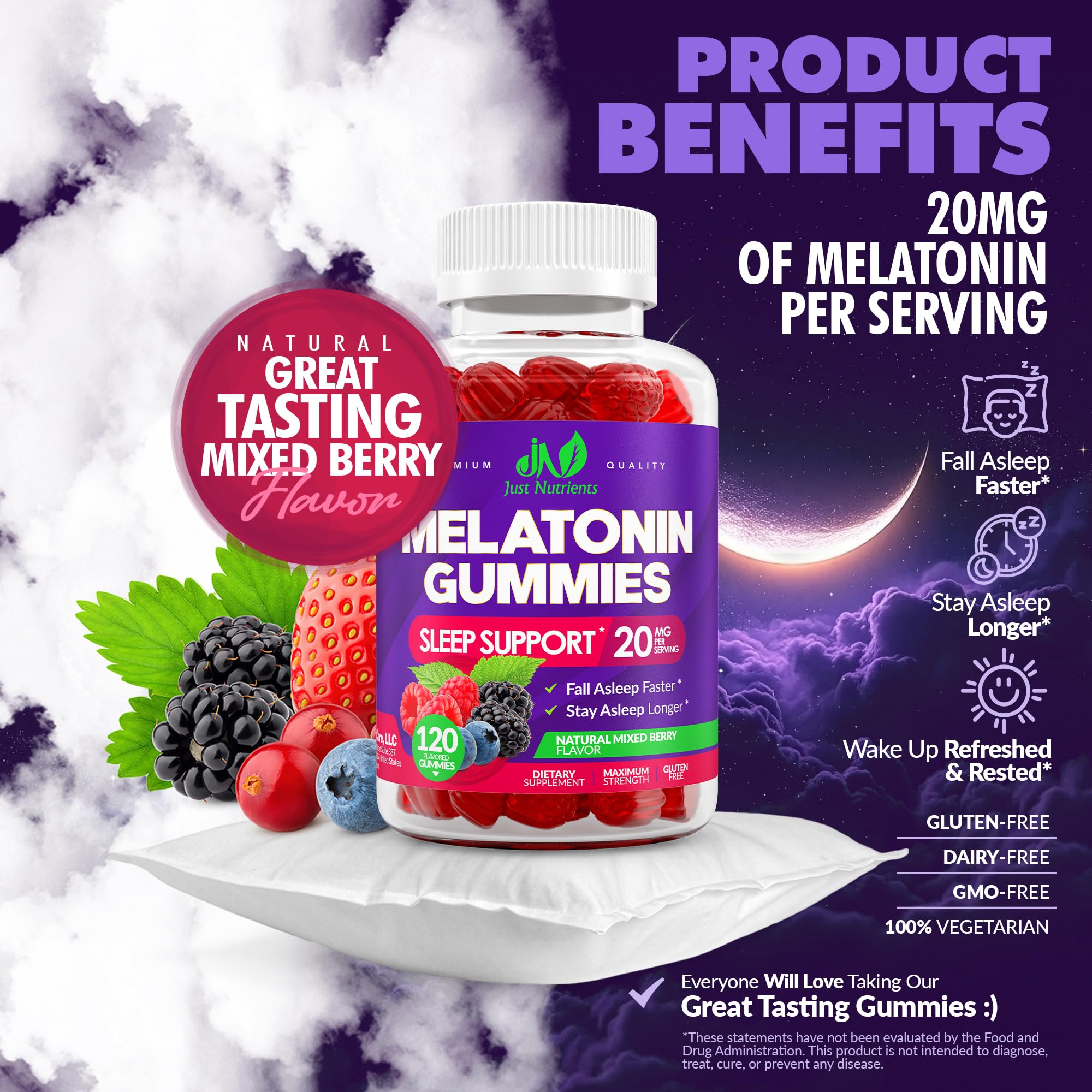 Just Nutrients Melatonin Gummies 20mg close-up of gummies