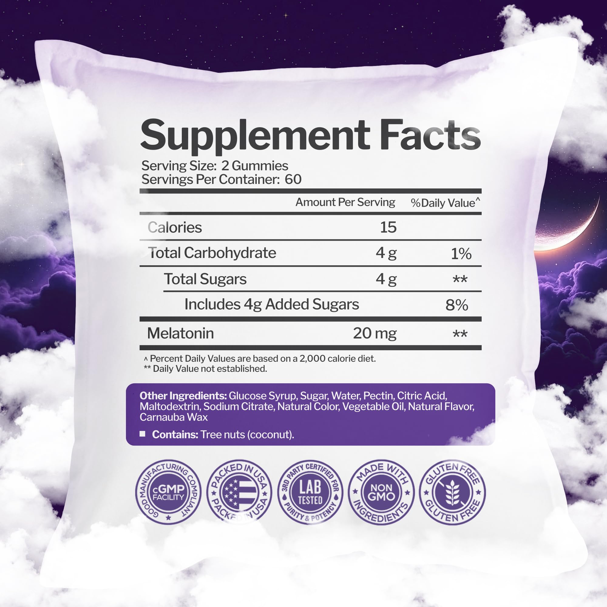 Just Nutrients Melatonin Gummies 20mg nutritional information