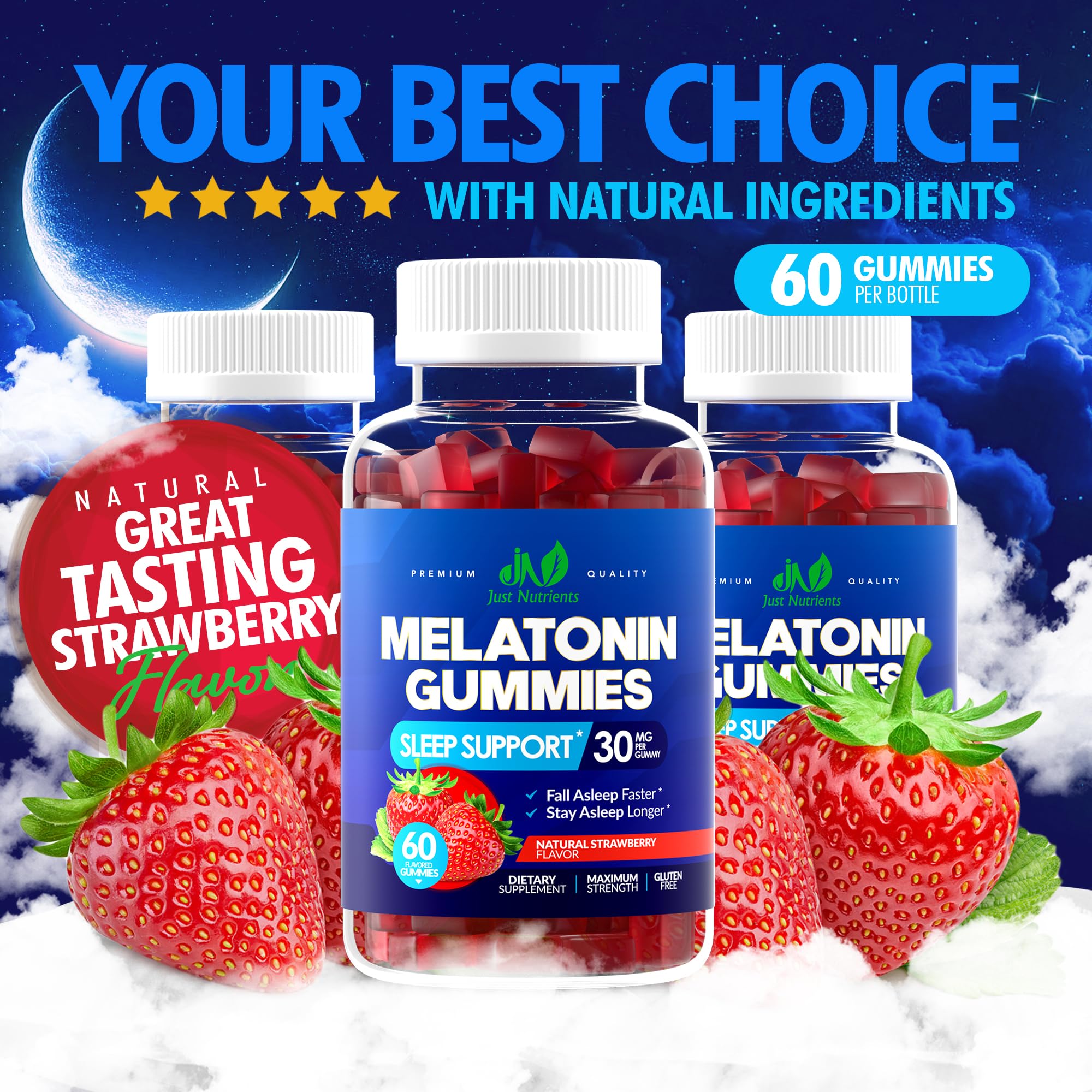 Just Nutrients Melatonin Gummies 30mg bottle side view