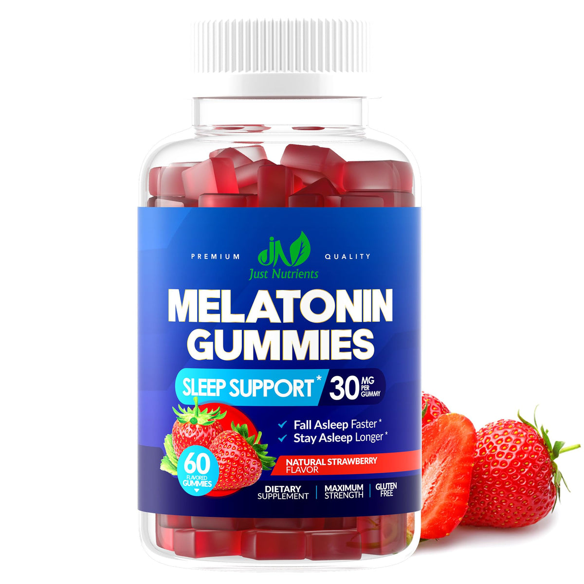 Just Nutrients Melatonin Gummies 30mg front view with packaging