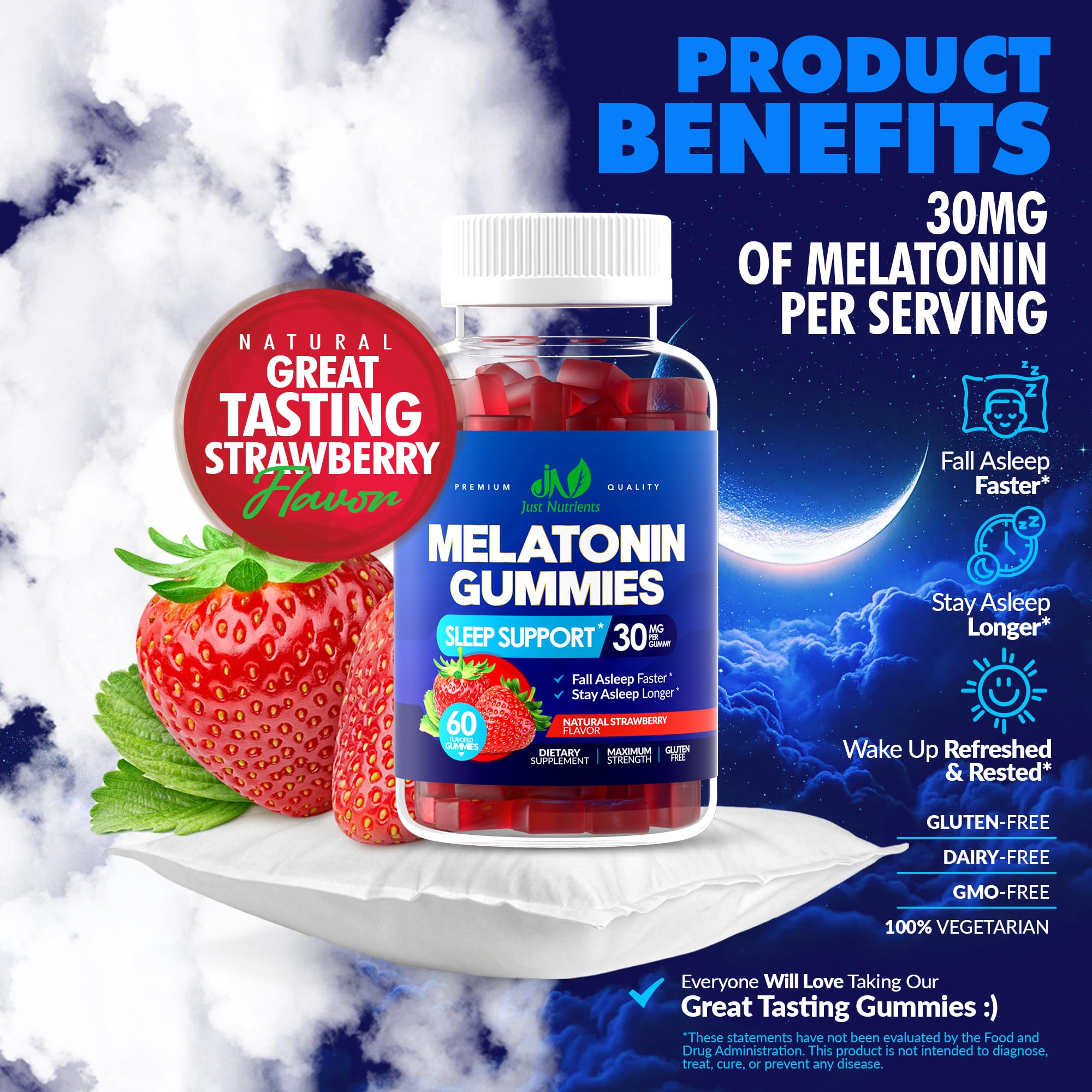 Just Nutrients Melatonin Gummies 30mg gummies on a table