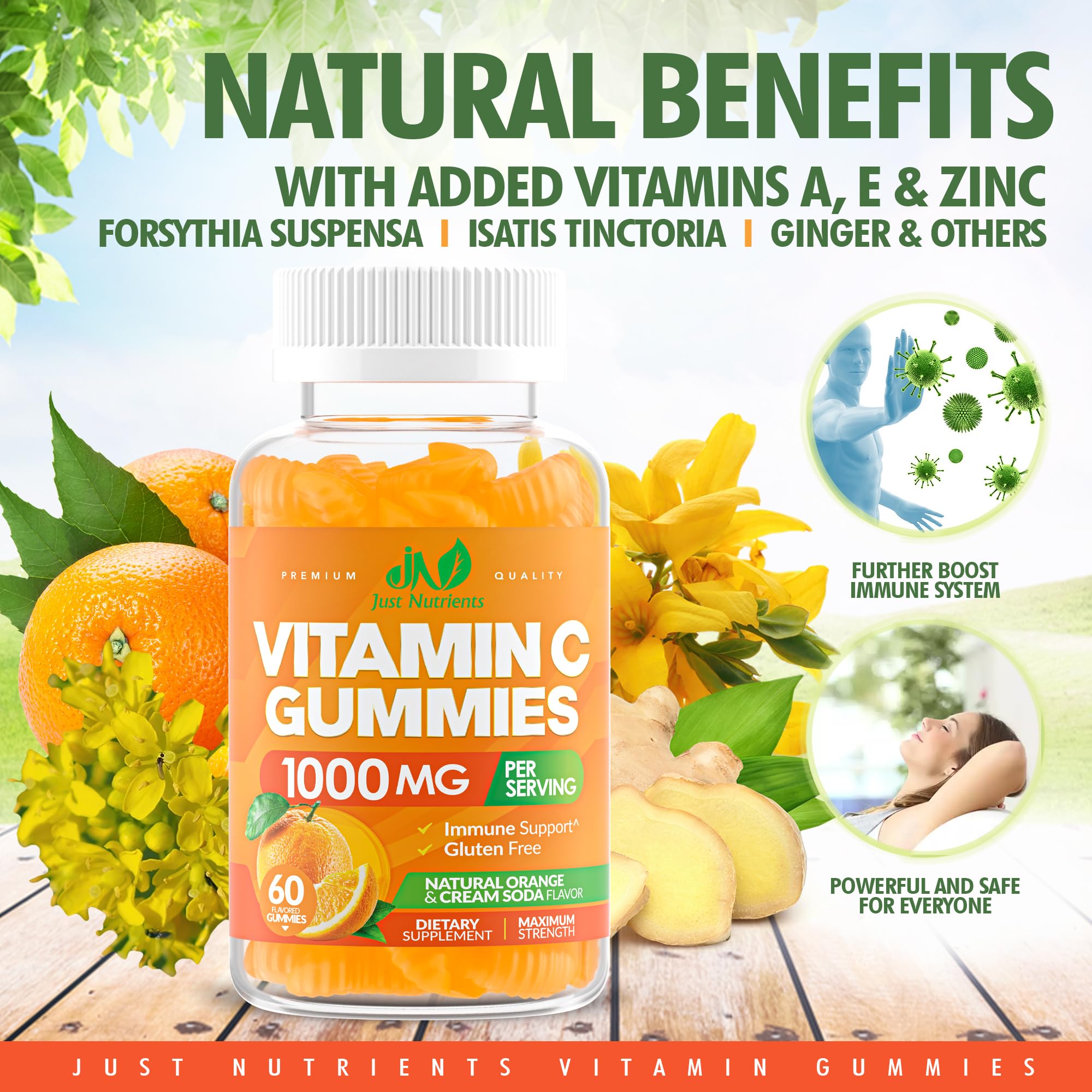 Just Nutrients Vitamin C Gummies bottle on a wooden table