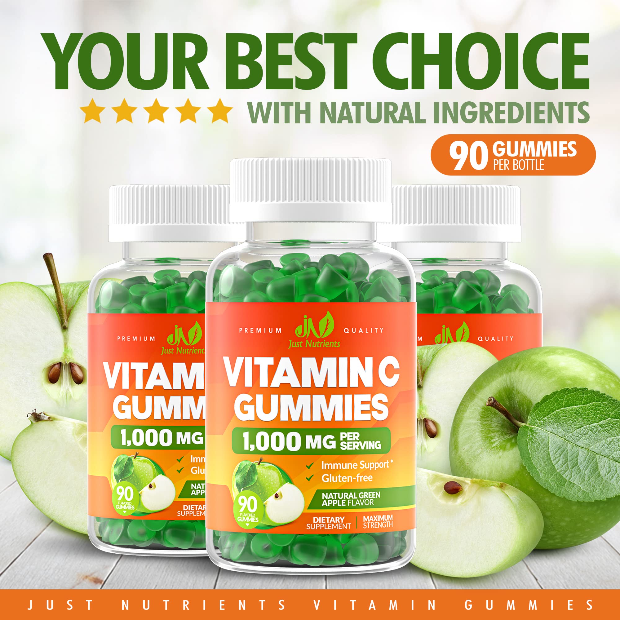 Just Nutrients Vitamin C Gummies on a wooden table