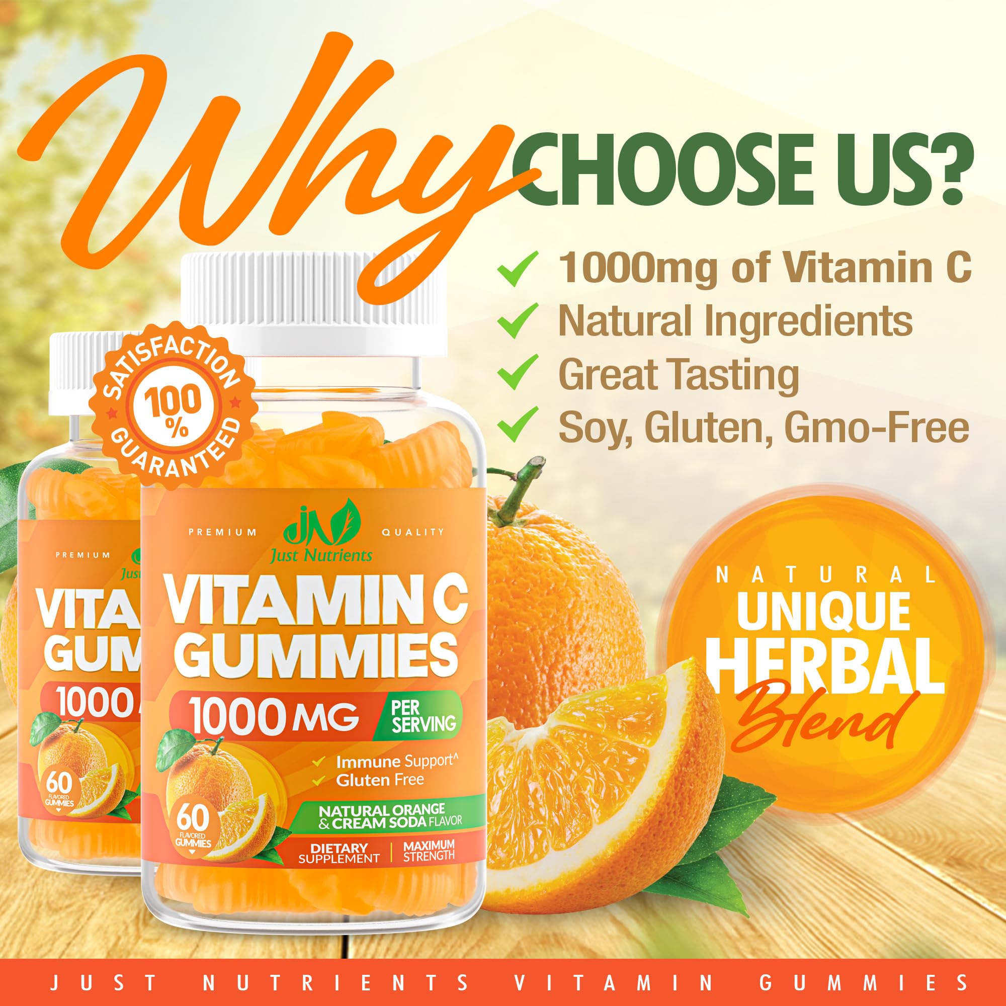 Just Nutrients Vitamin C Gummies showing three gummies