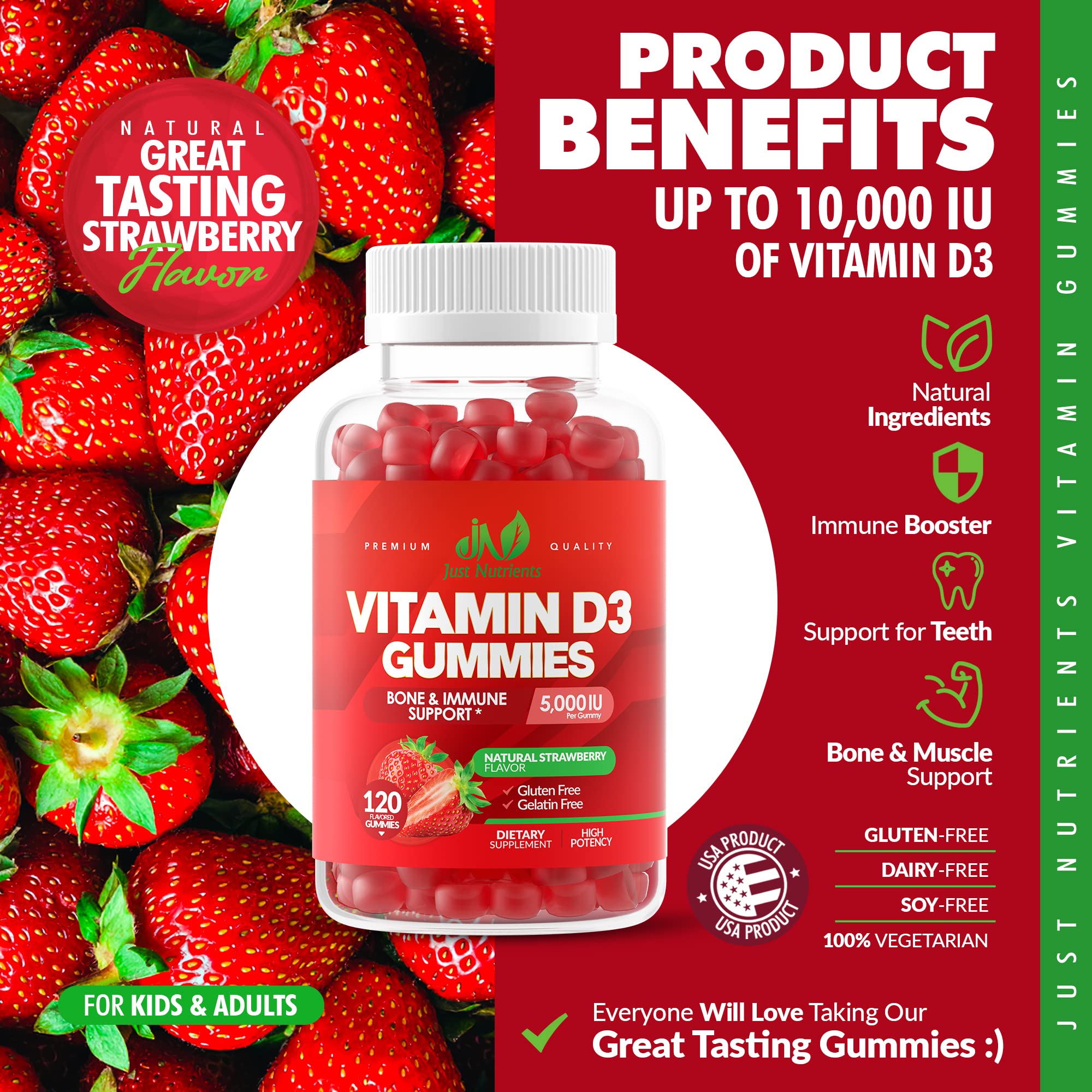Just Nutrients Vitamin D3 Gummies 5000 IU bottle side view