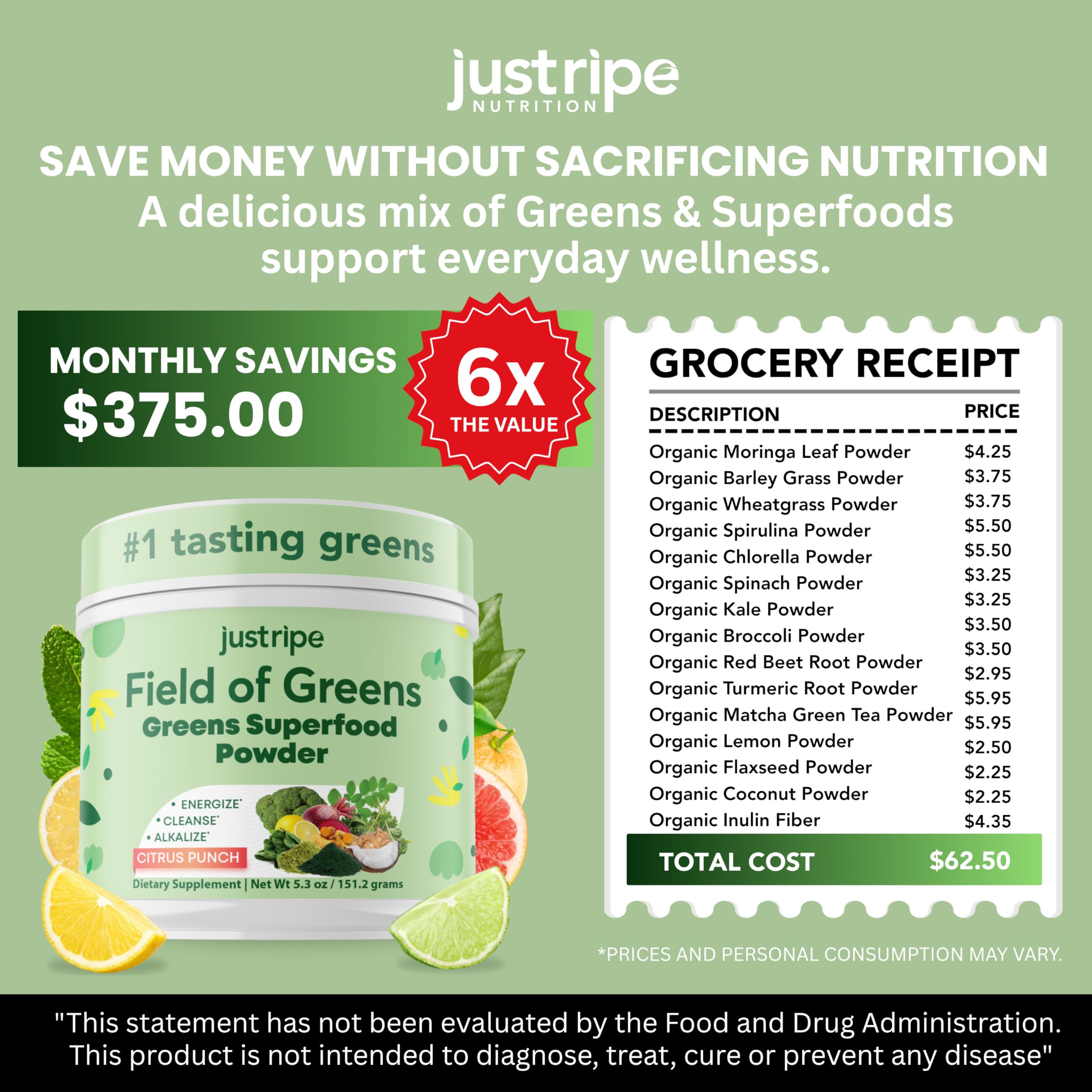 Just Ripe Nutrition Spirulina Super Greens Powder mixed in a glass