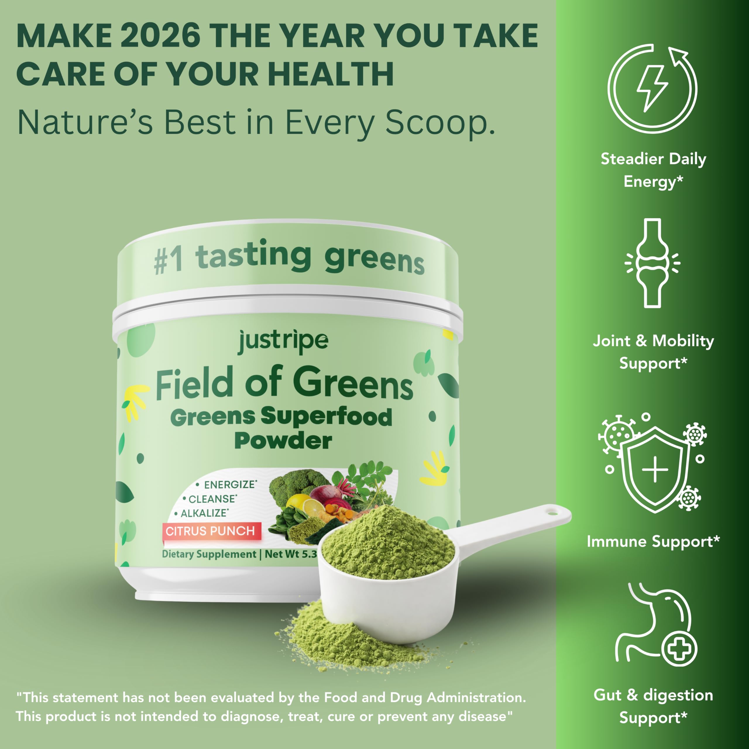 Just Ripe Nutrition Spirulina Super Greens Powder on a kitchen counter