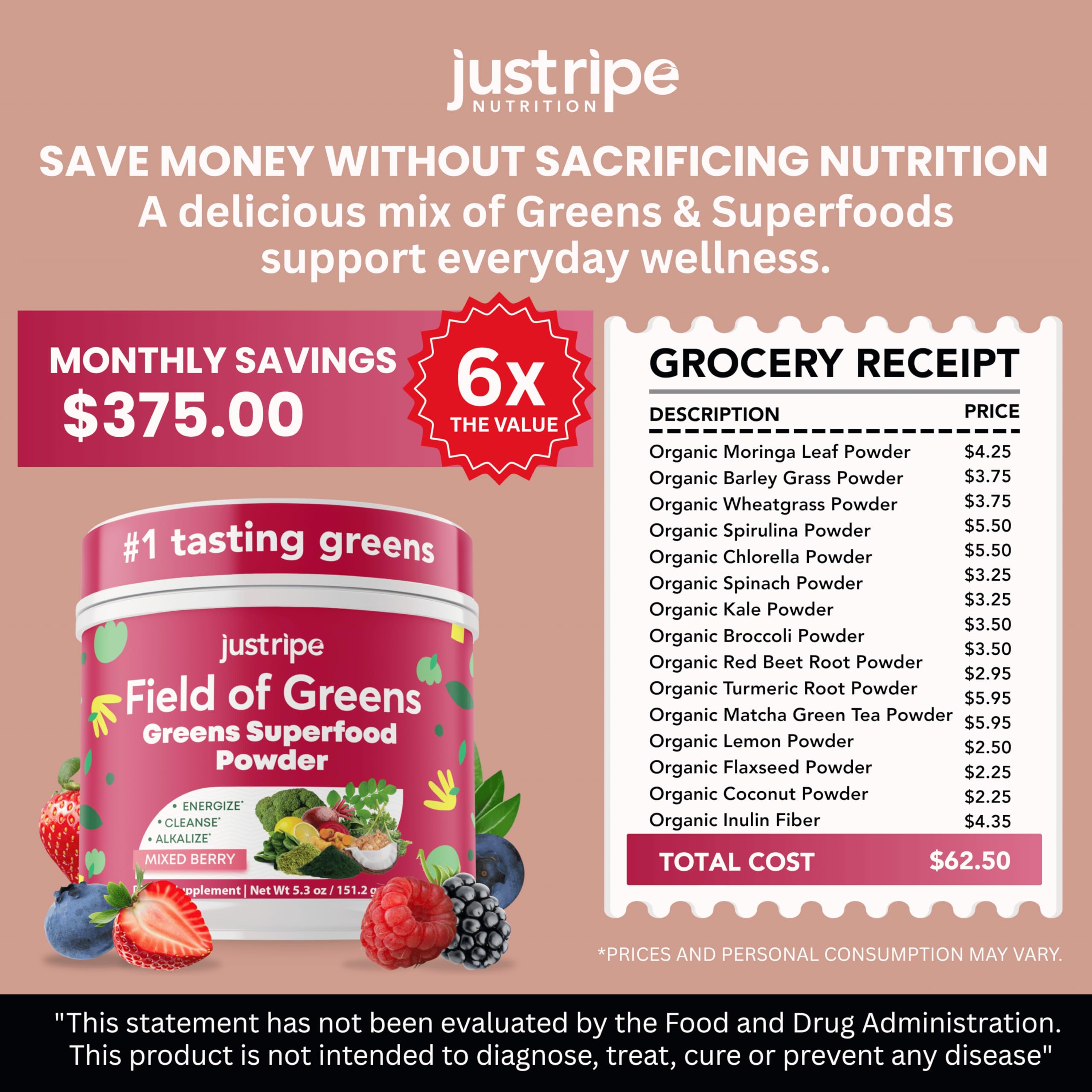 Just Ripe Nutrition Spirulina Super Greens Powder with fresh ingredients