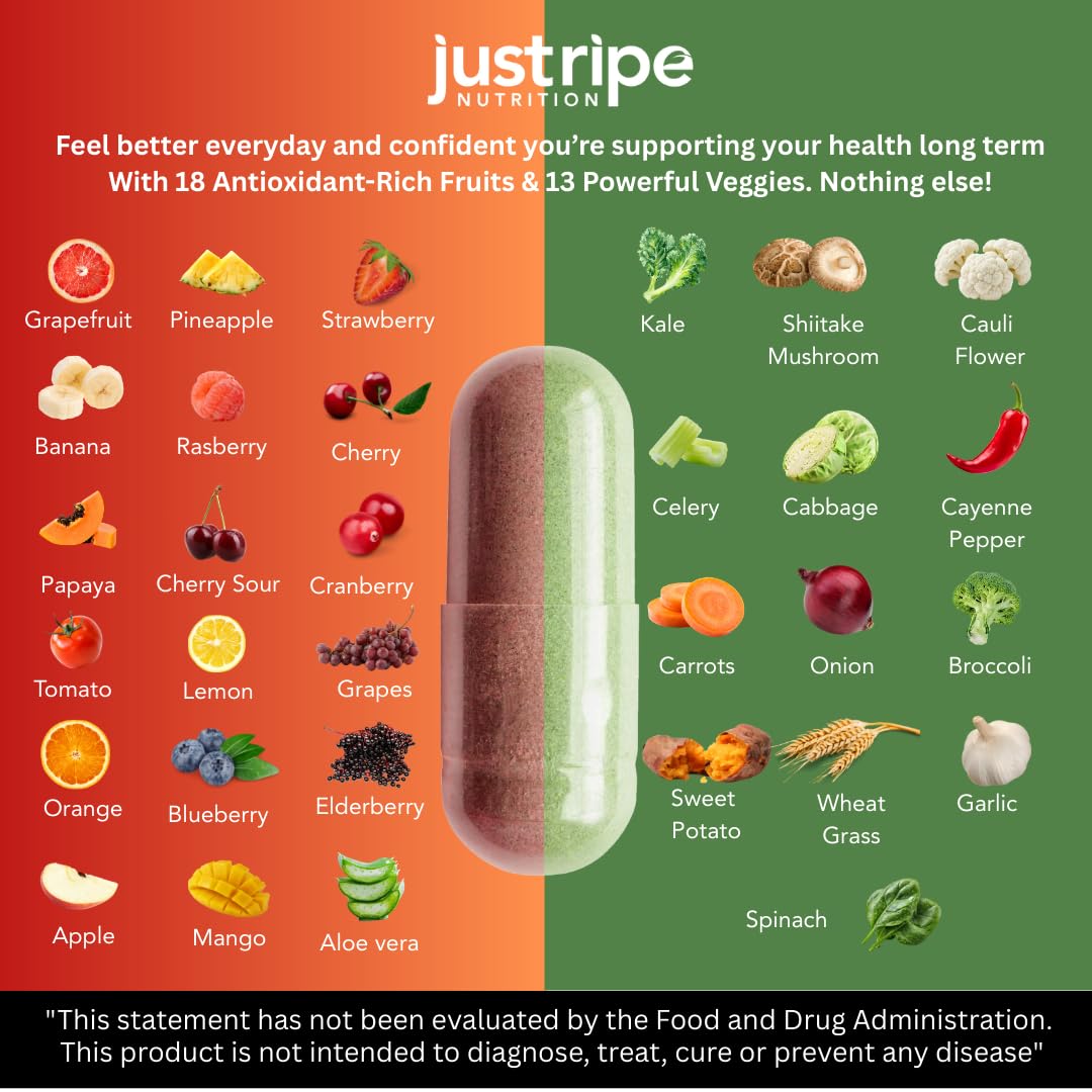 Just Ripe Nutrition Whole Food SuperFood Vegetable Supplements opened bottle showing capsules