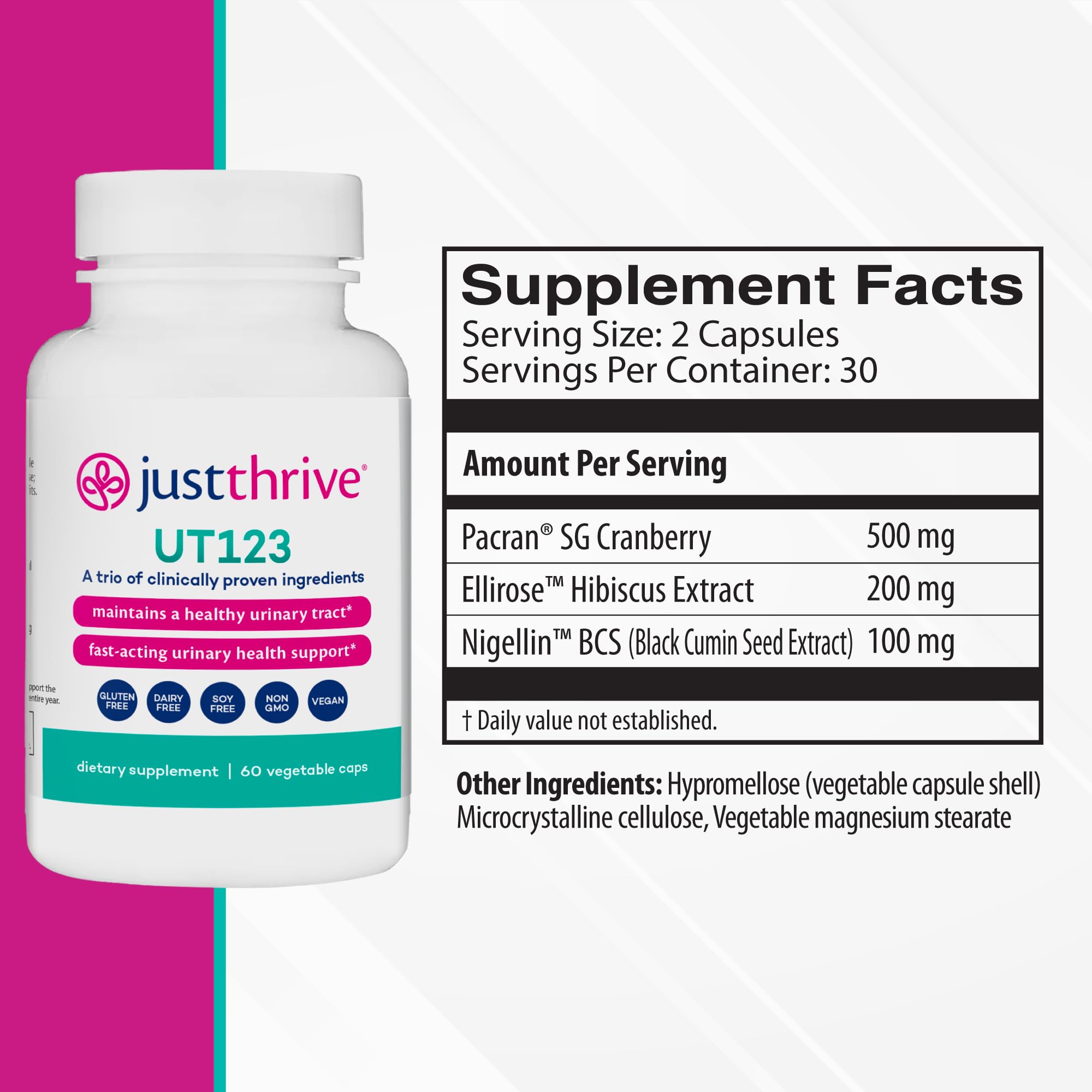 Just Thrive Cranberry Supplement UT123 side view showing capsules