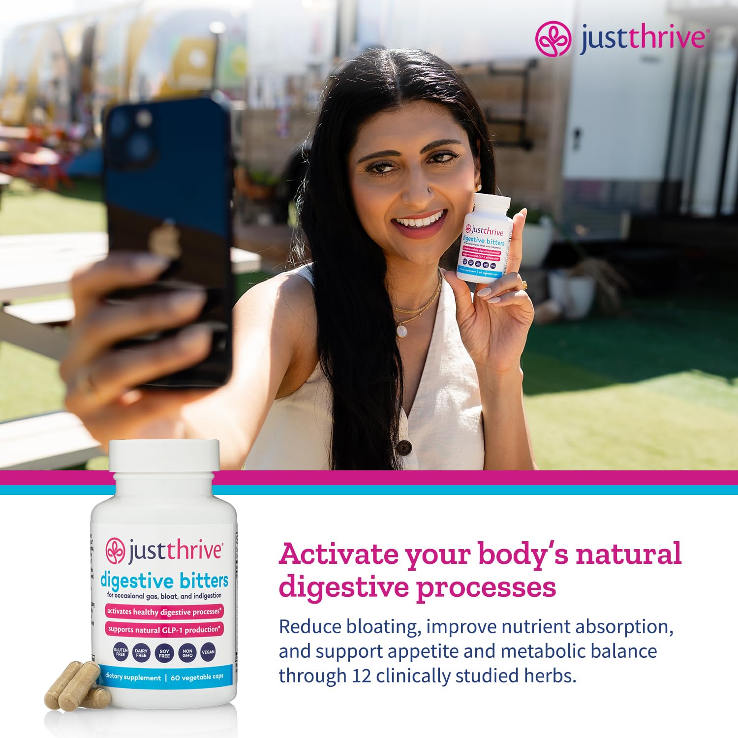 Just Thrive daily Bitters 50g lifestyle scene with capsules on a kitchen counter