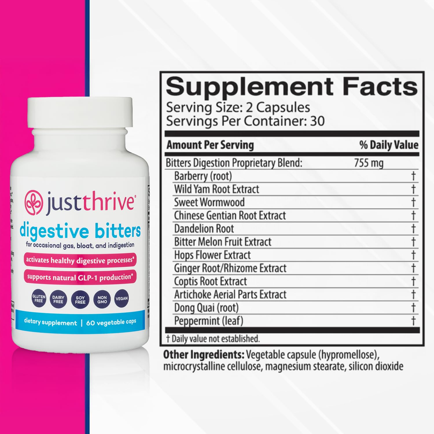 Just Thrive daily Bitters 50g side view showing capsule details