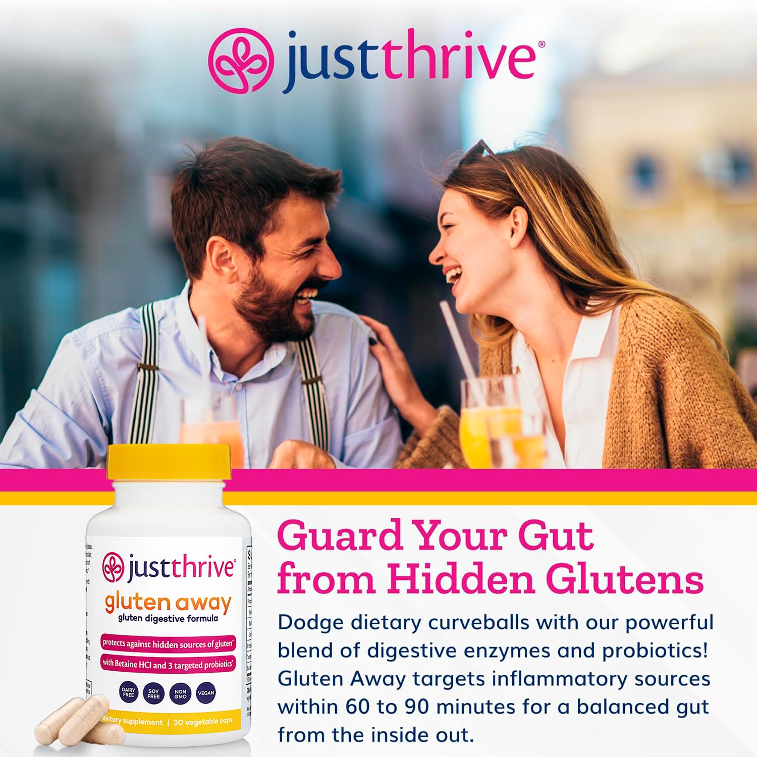 Just Thrive Gluten Away Multi-Enzyme Supplement on a kitchen counter