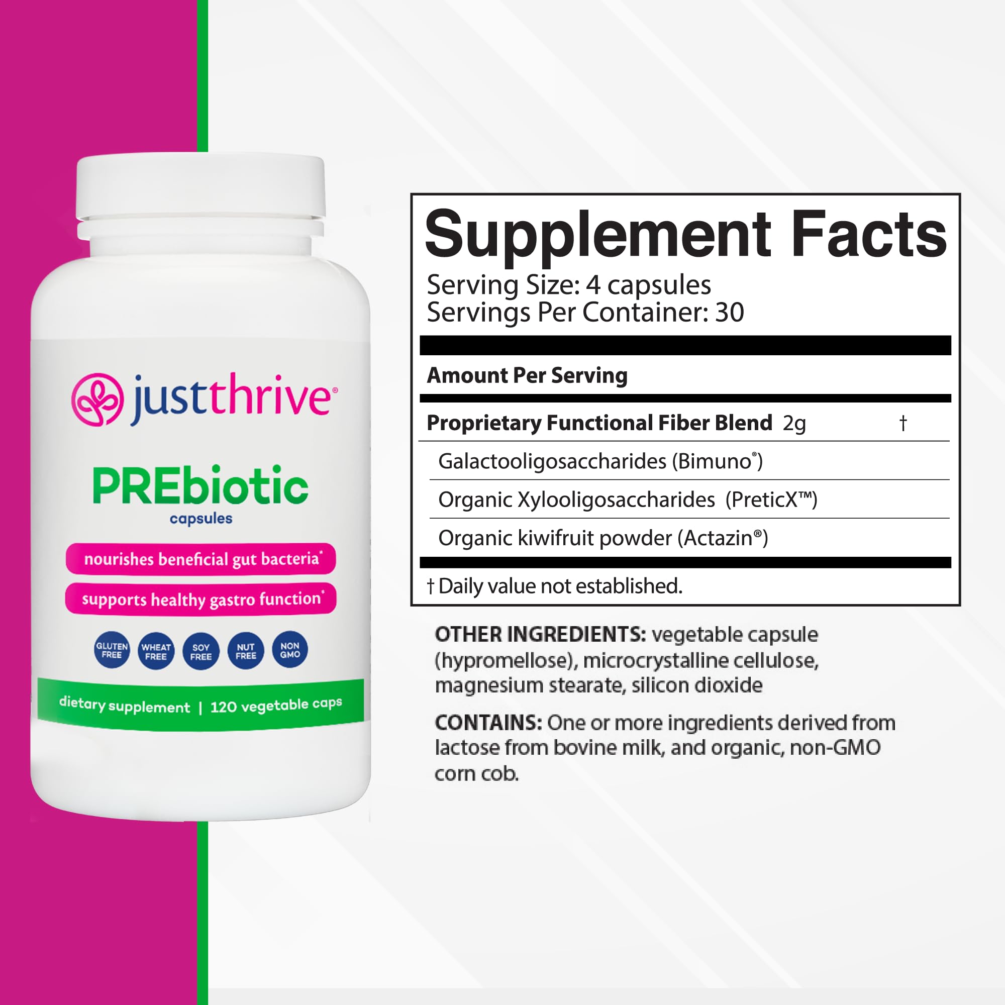 Just Thrive PREbiotic Capsules 120 Count side view