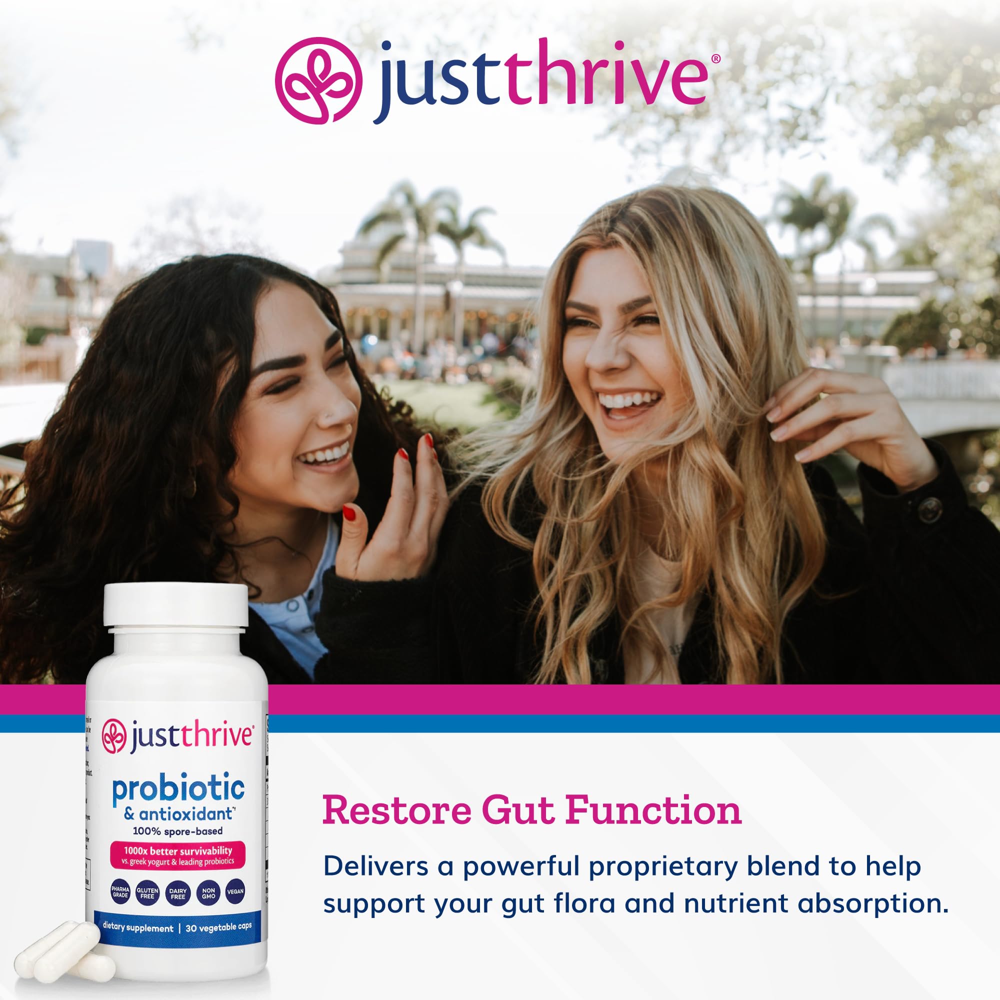 Just Thrive Probiotic Capsules opened bottle with capsules visible