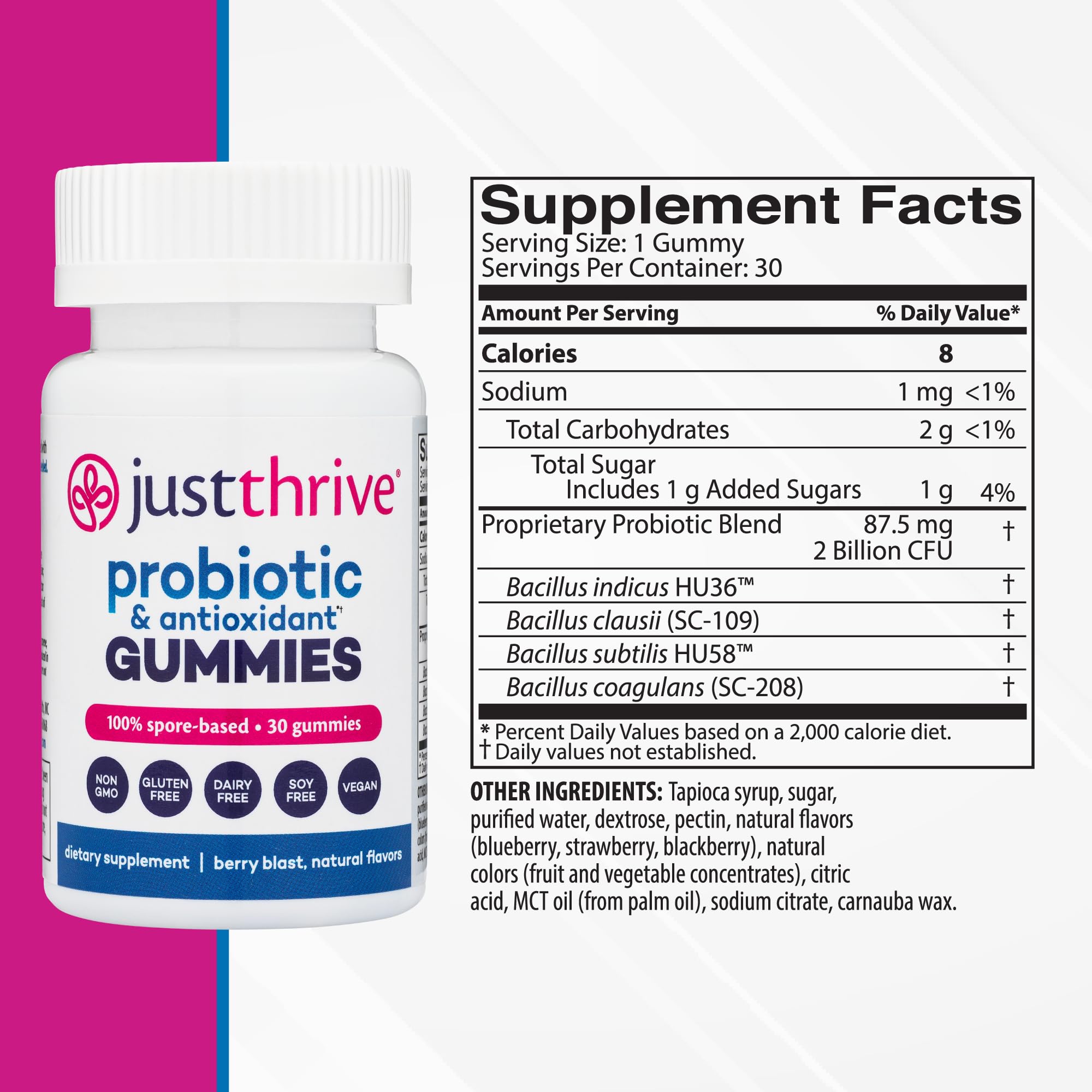 Just Thrive Probiotic Gummies 100g back view