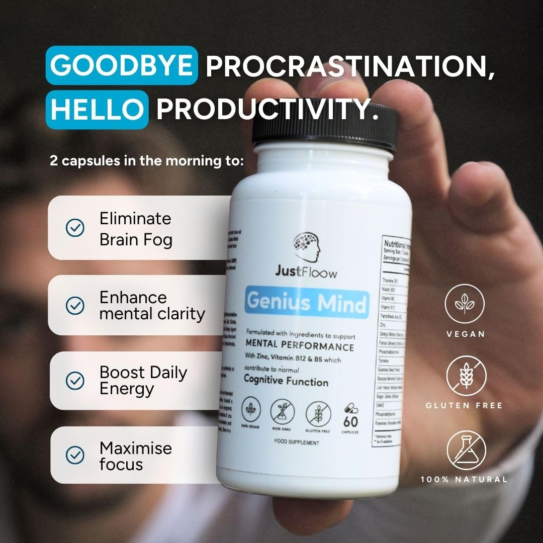 JustFloow Genius Mind Nootropic Supplement capsules in bottle