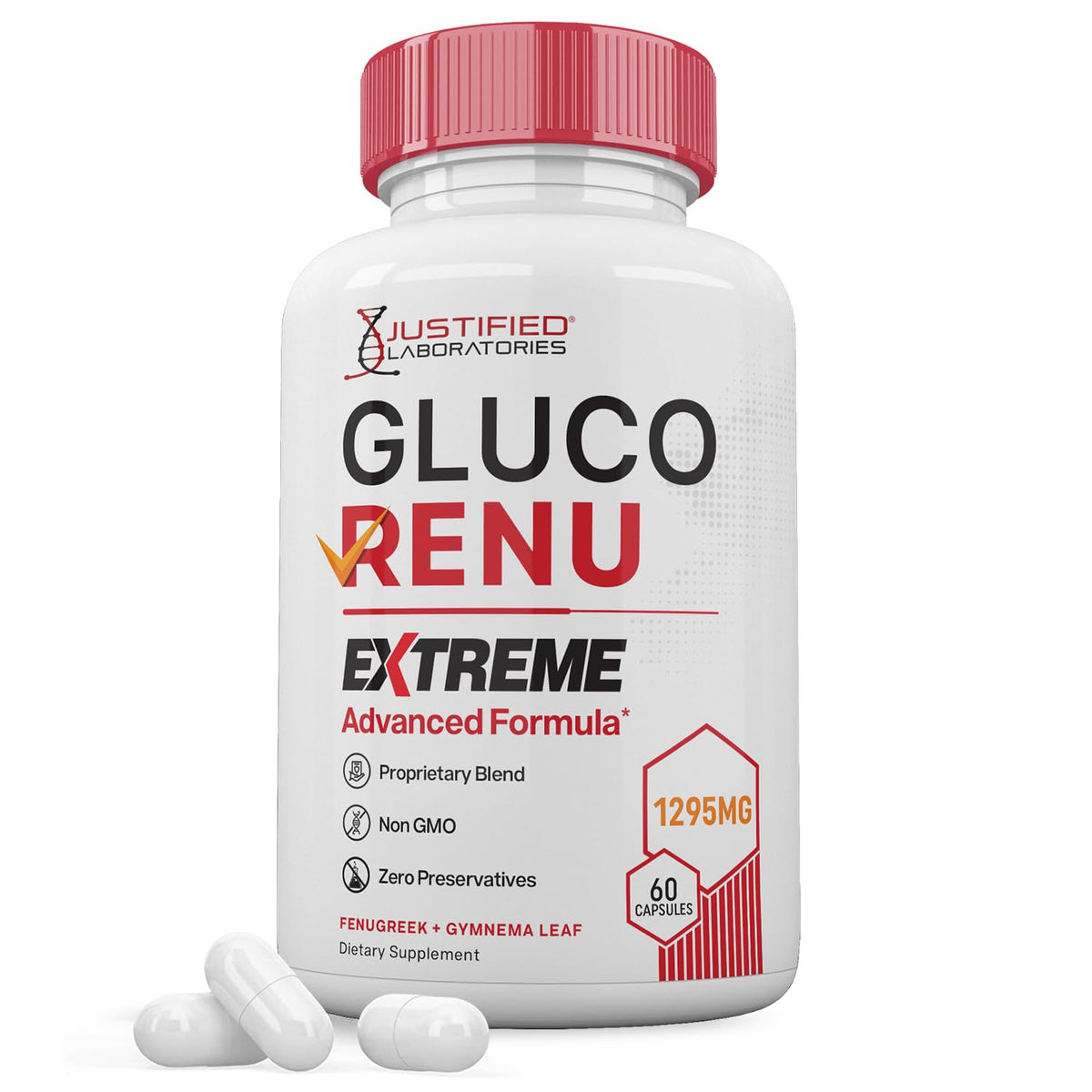 Justified Laboratories Gluco Renu Extreme 1295mg front view of packaging