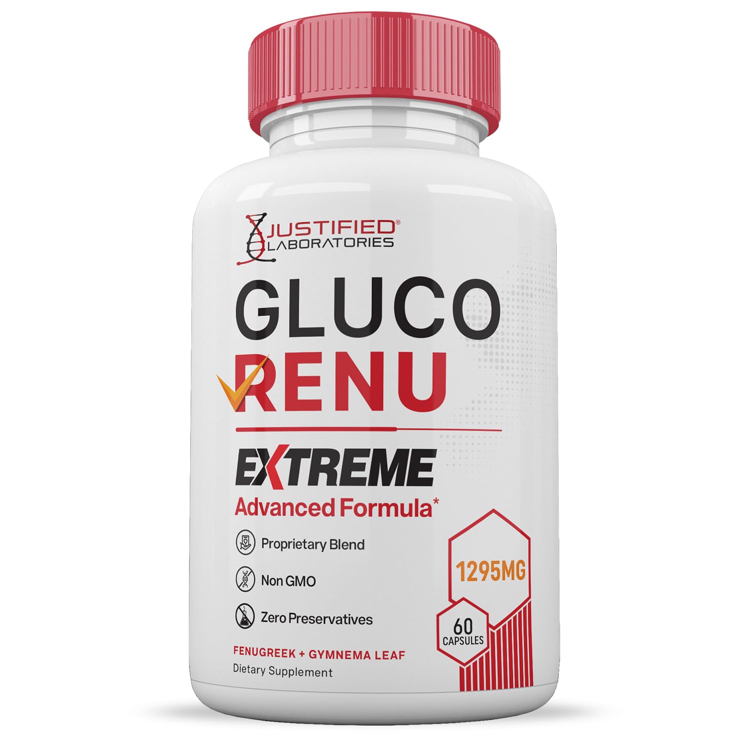 Justified Laboratories Gluco Renu Extreme 1295mg ingredients list on packaging