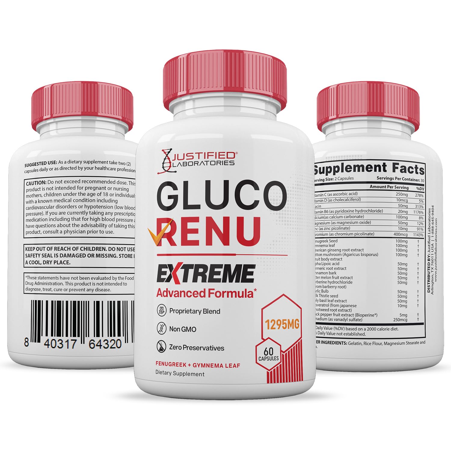 Justified Laboratories Gluco Renu Extreme 1295mg lifestyle shot with healthy foods