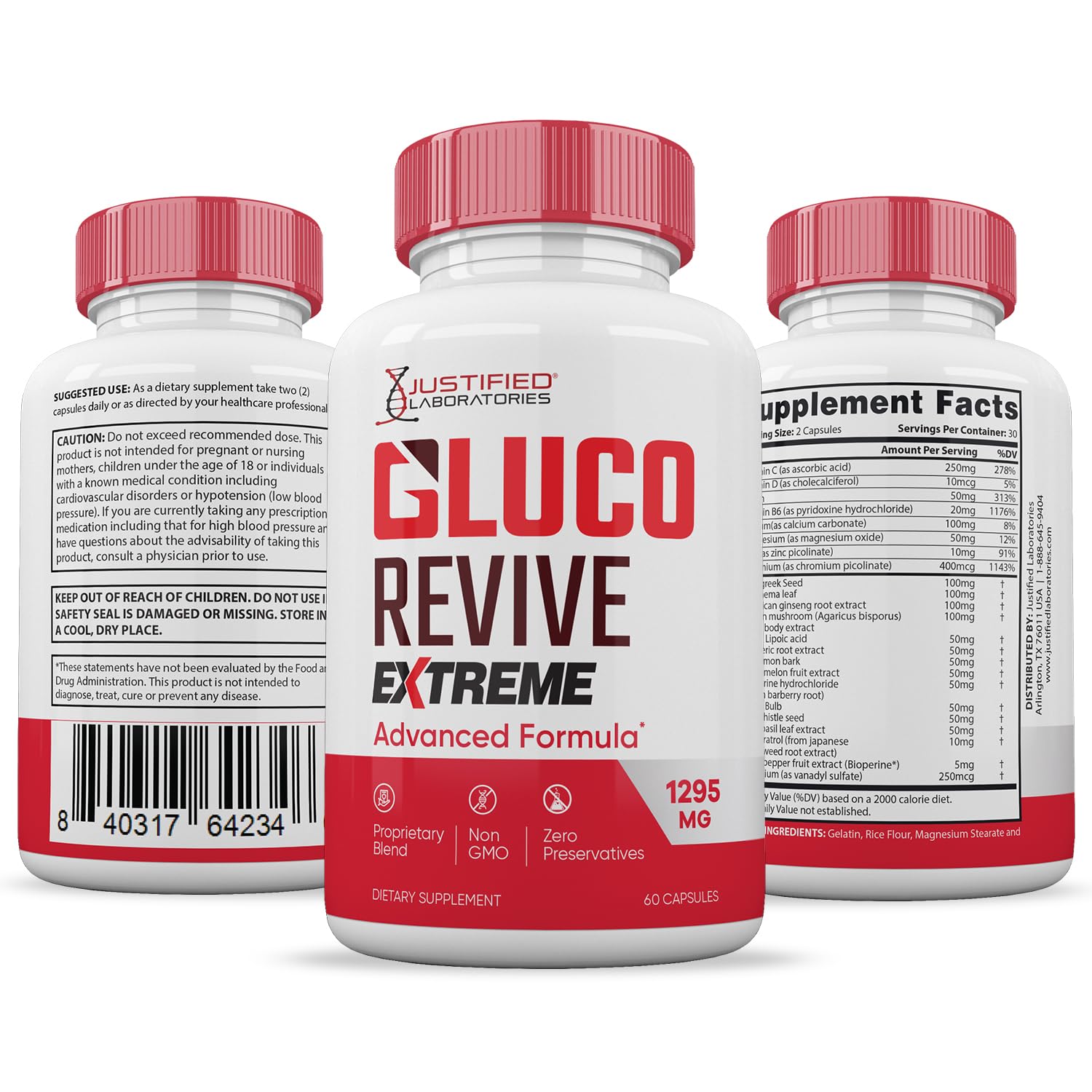 Justified Laboratories Gluco Revive Extreme 1295MG Capsules with a glass of water