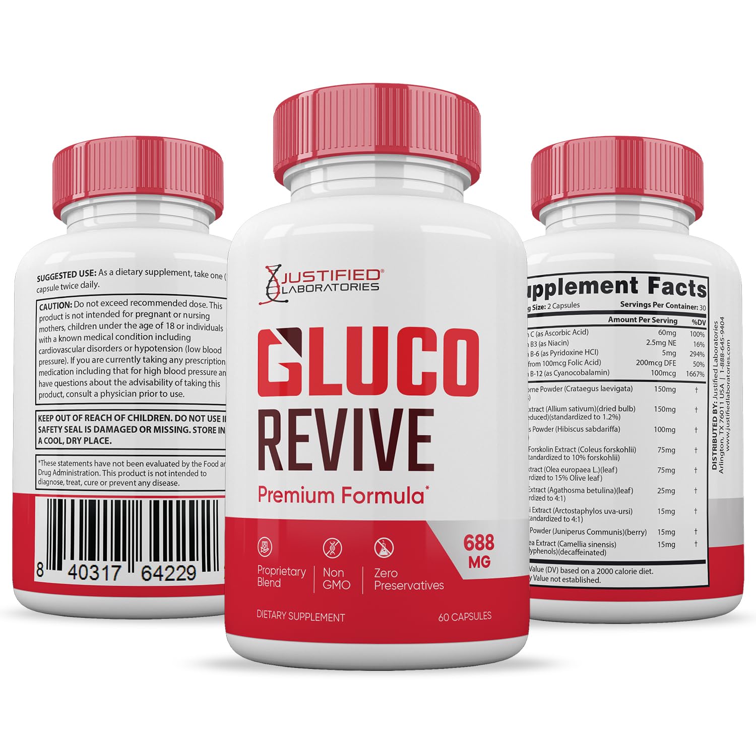 Justified Laboratories Gluco Revive Pills packaging on a wooden table