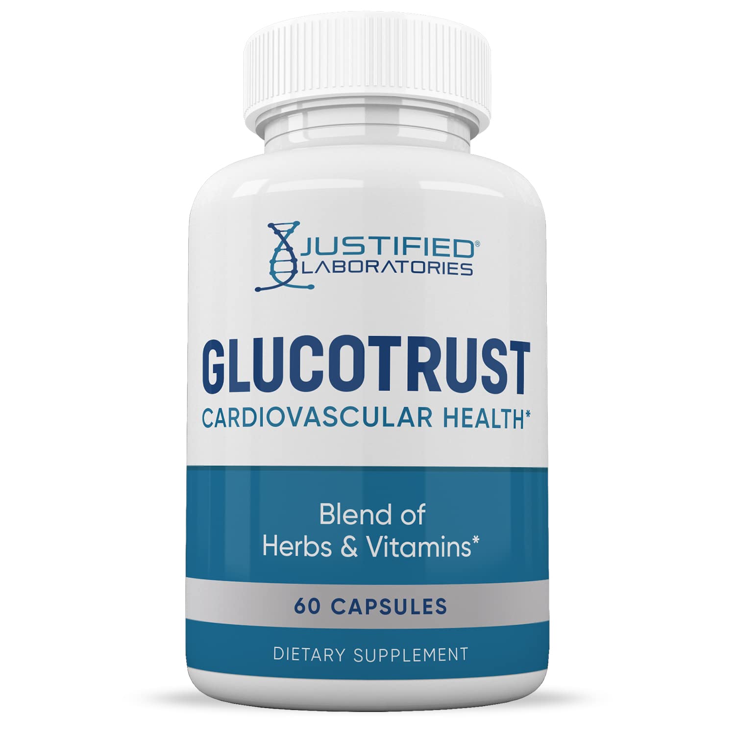 Justified Laboratories Glucotrust Advanced Formula capsules on a wooden surface