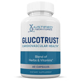Justified Laboratories Glucotrust Advanced Formula capsules on a wooden surface