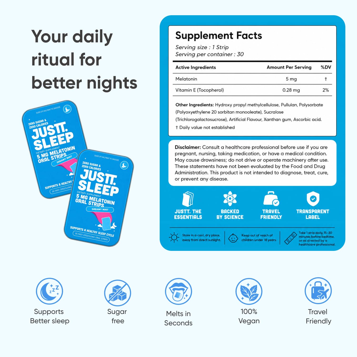JUSTT. ESSENTIALS Sleep Melatonin Oral Strips mint flavour