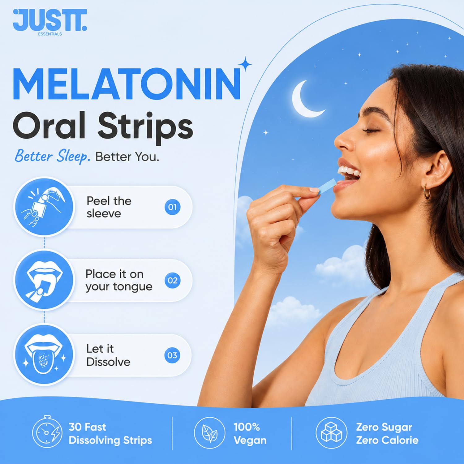 JUSTT. ESSENTIALS Sleep Melatonin Oral Strips side view