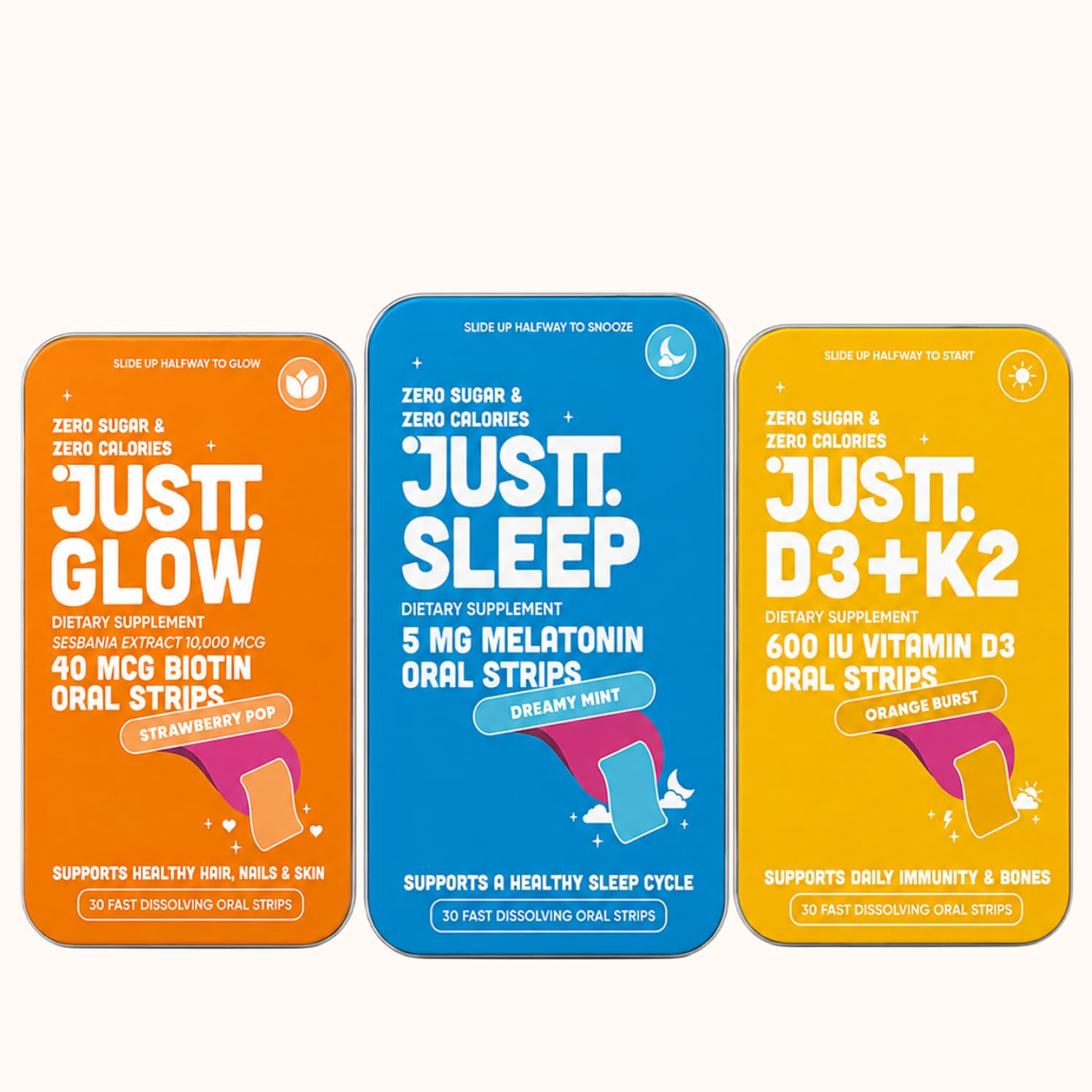 JUSTT. ESSENTIALS Sleep Melatonin Oral Strips with travel items