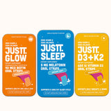 JUSTT. ESSENTIALS Sleep Melatonin Oral Strips with travel items