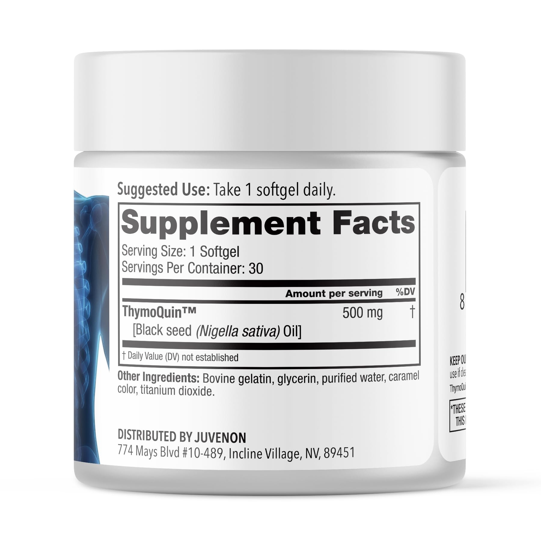 Juvenon Black Seed Extract Capsules back view with ingredient list
