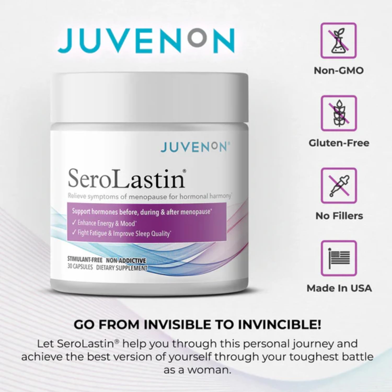Juvenon SeroLastin Menopause Support Supplement on a wooden table