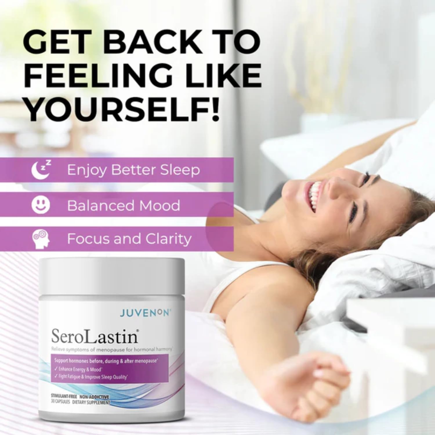 Juvenon SeroLastin Menopause Support Supplement with a glass of water