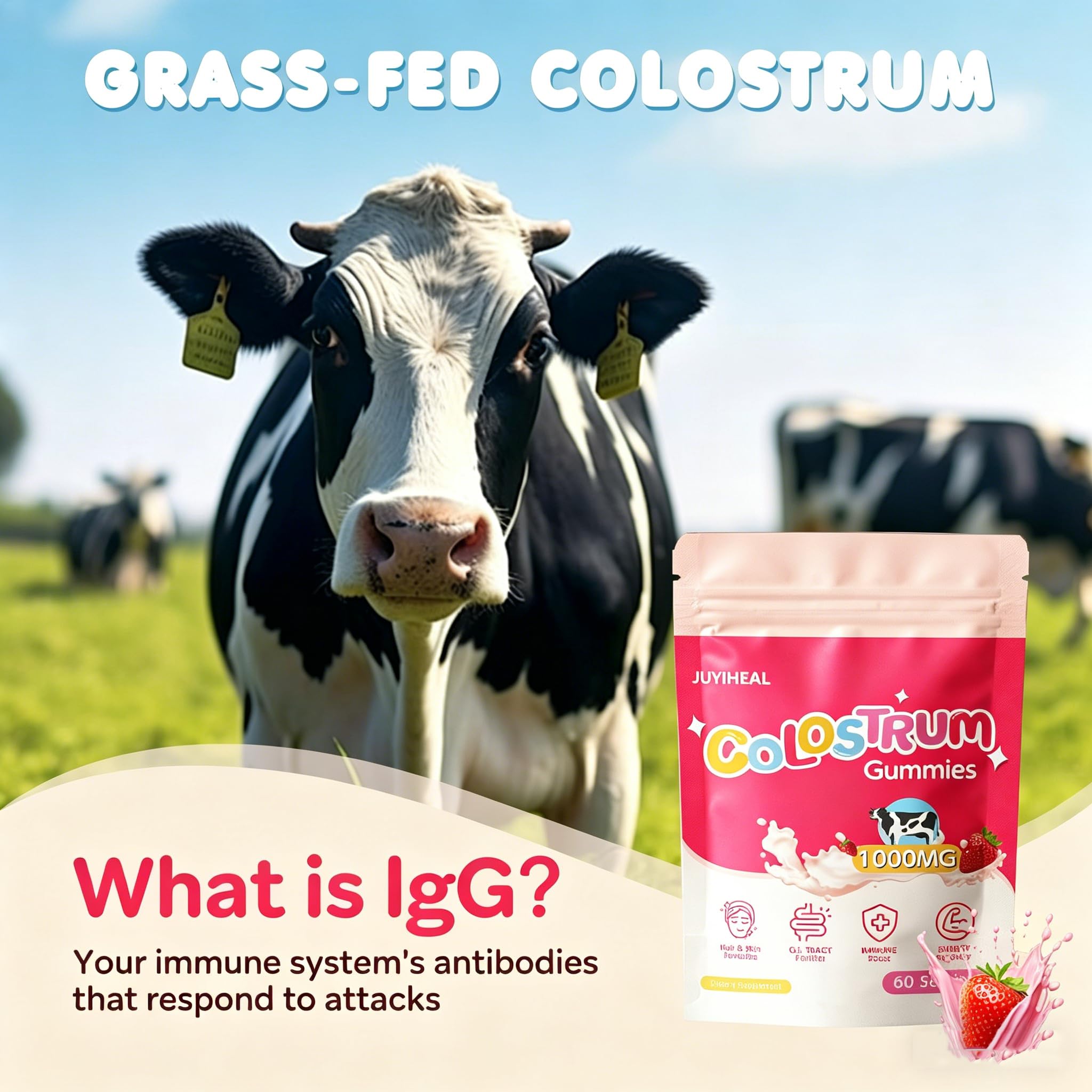 JUYIHEAL Bovine Colostrum Gummies on a wooden table