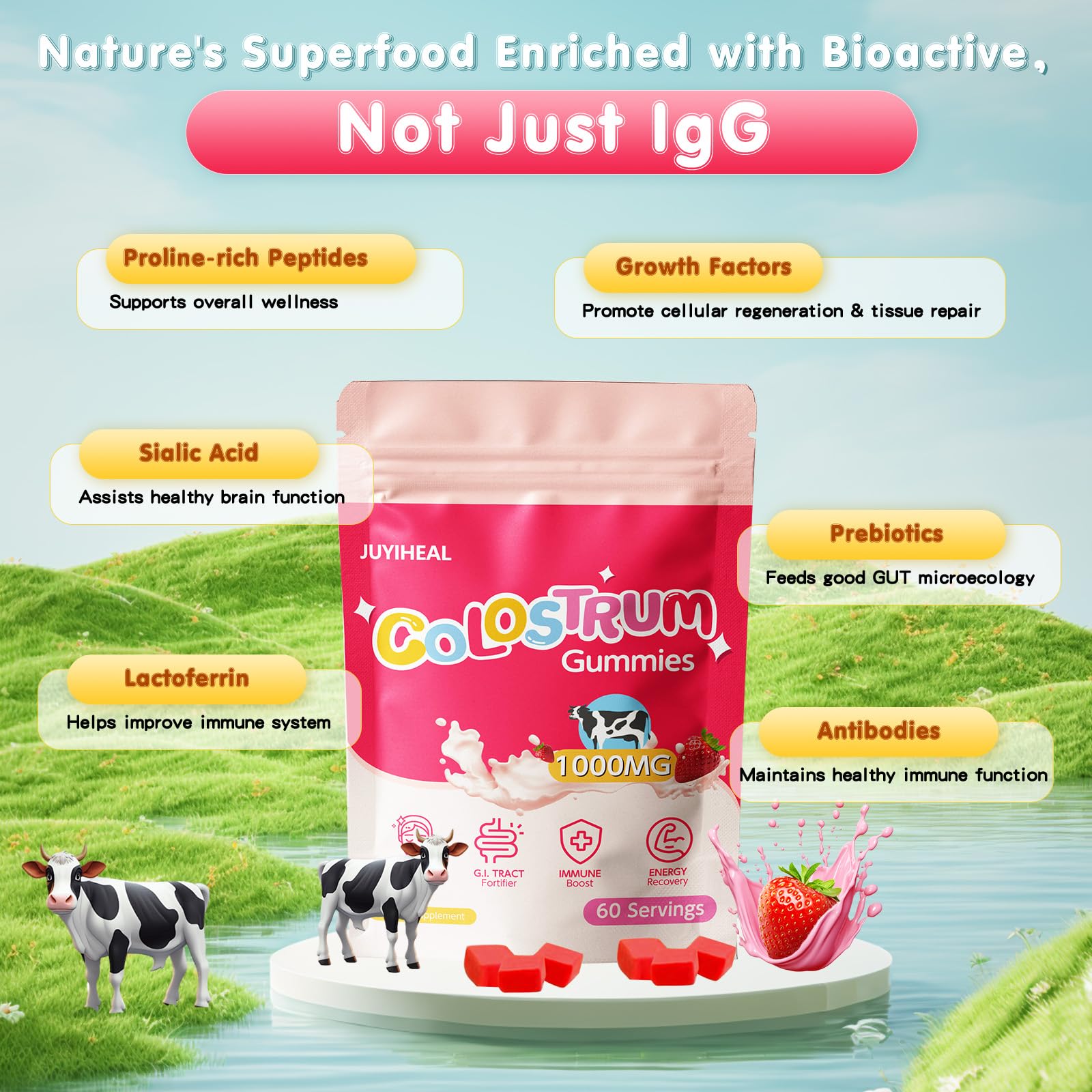 JUYIHEAL Bovine Colostrum Gummies packaging side view