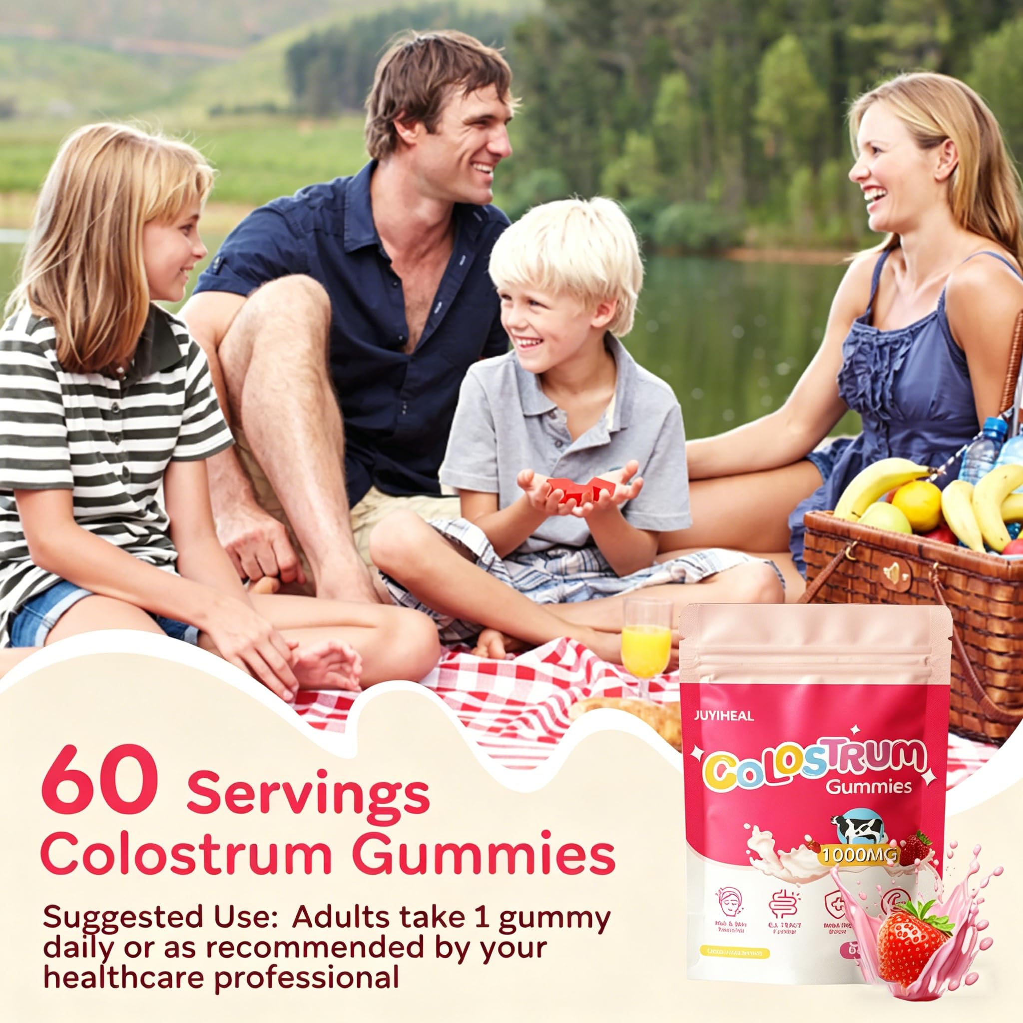 JUYIHEAL Bovine Colostrum Gummies with fresh strawberries