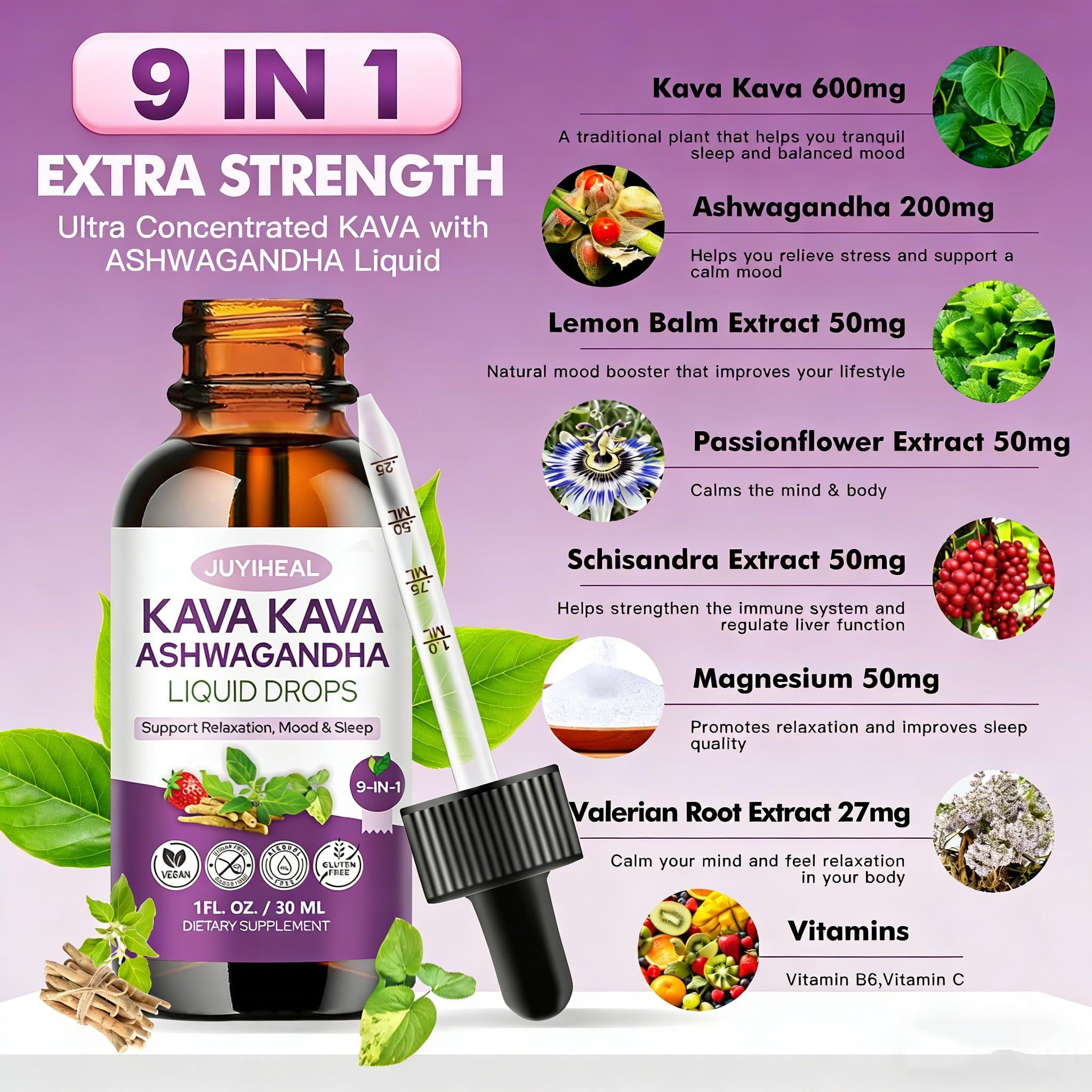 JUYIHEAL Kava Kava 9-in-1 Supplement with dropper