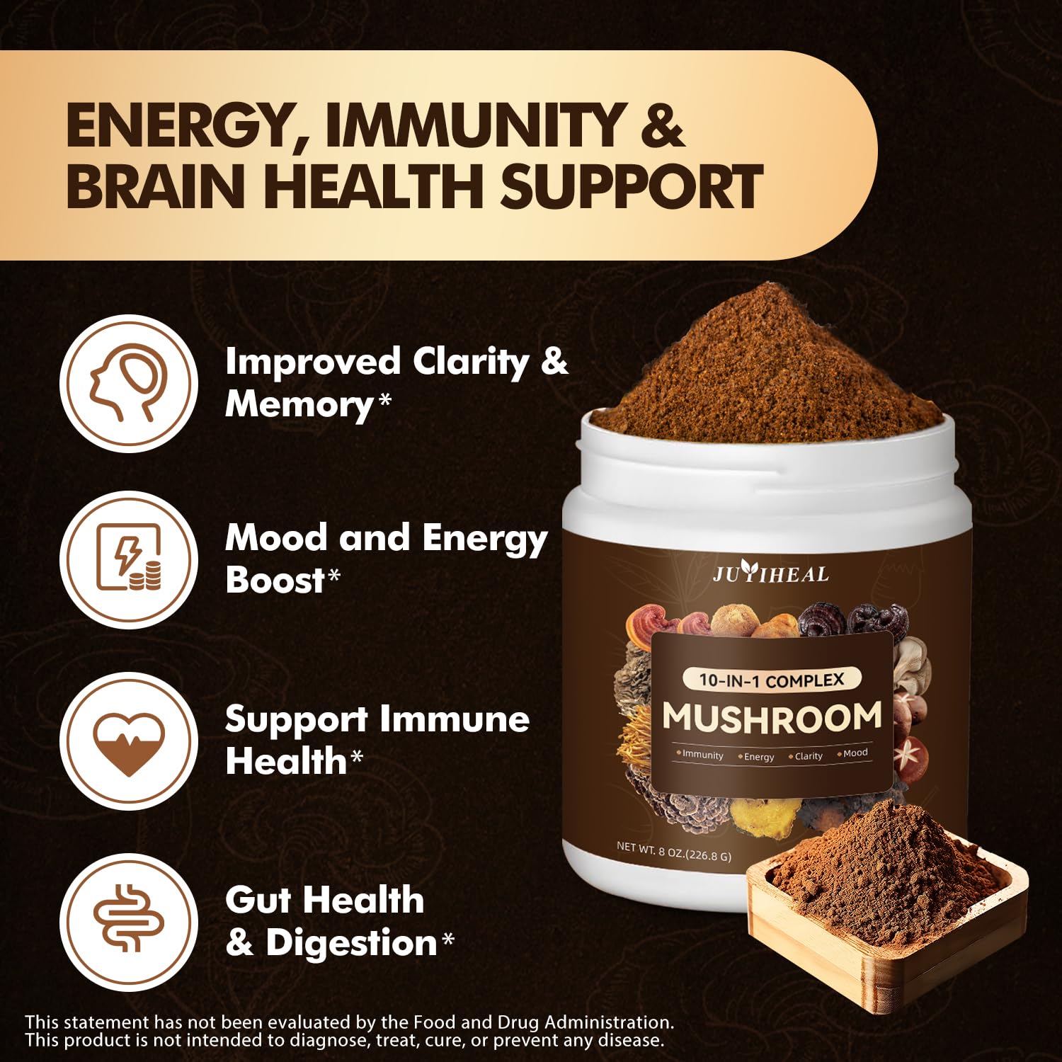 JUYIHEAL Mushroom Superfood Powder scoop with powder