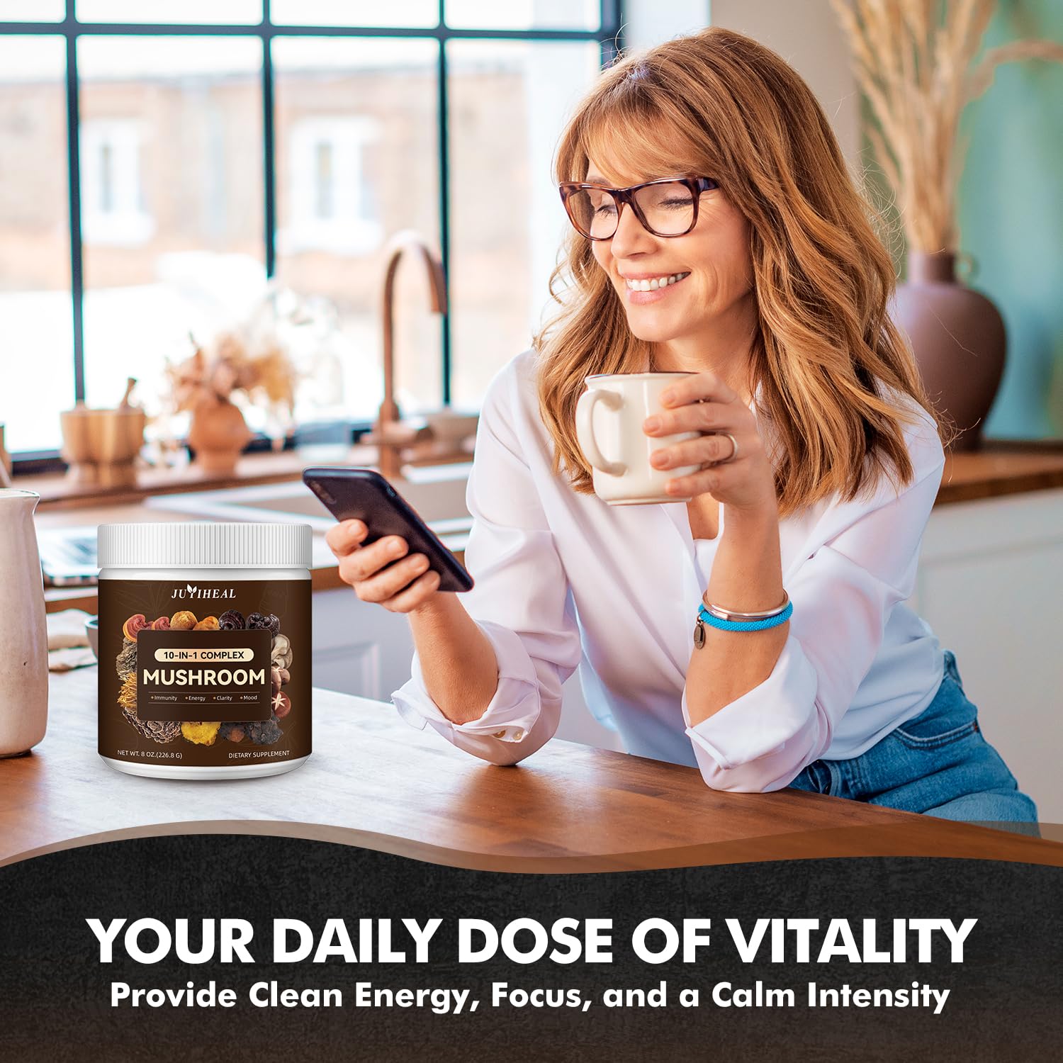 JUYIHEAL Mushroom Superfood Powder with coffee