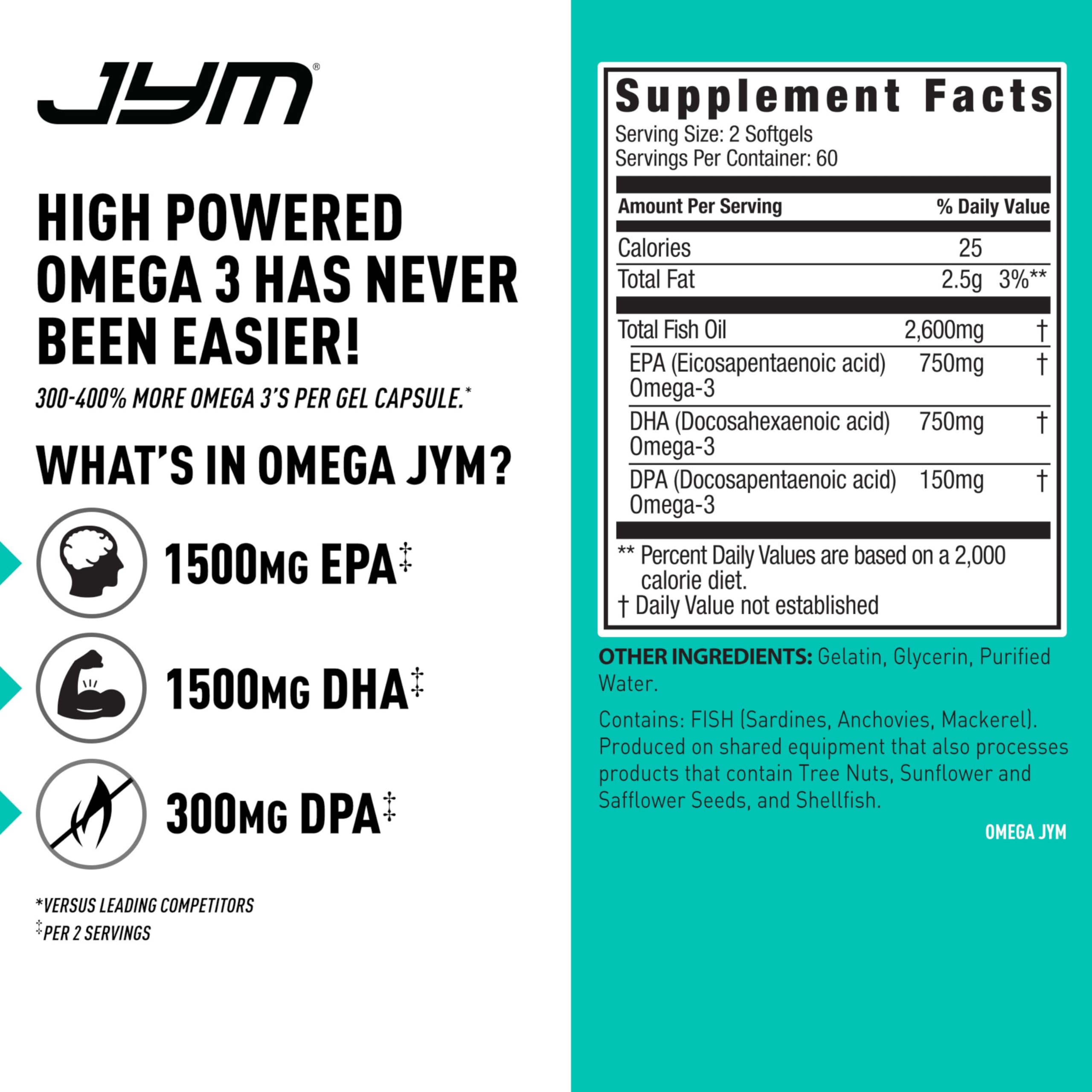 JYM Omega JYM Fish Oil Capsules displayed with a measuring spoon