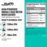 JYM Omega JYM Fish Oil Capsules displayed with a measuring spoon