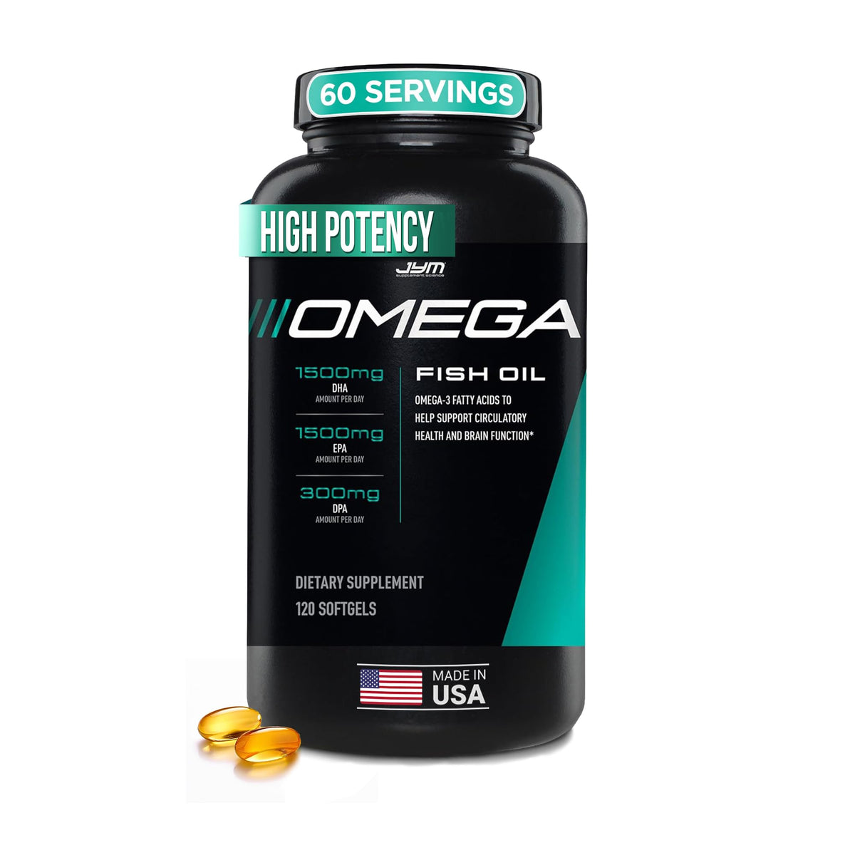 JYM Omega JYM Fish Oil Capsules front view with packaging